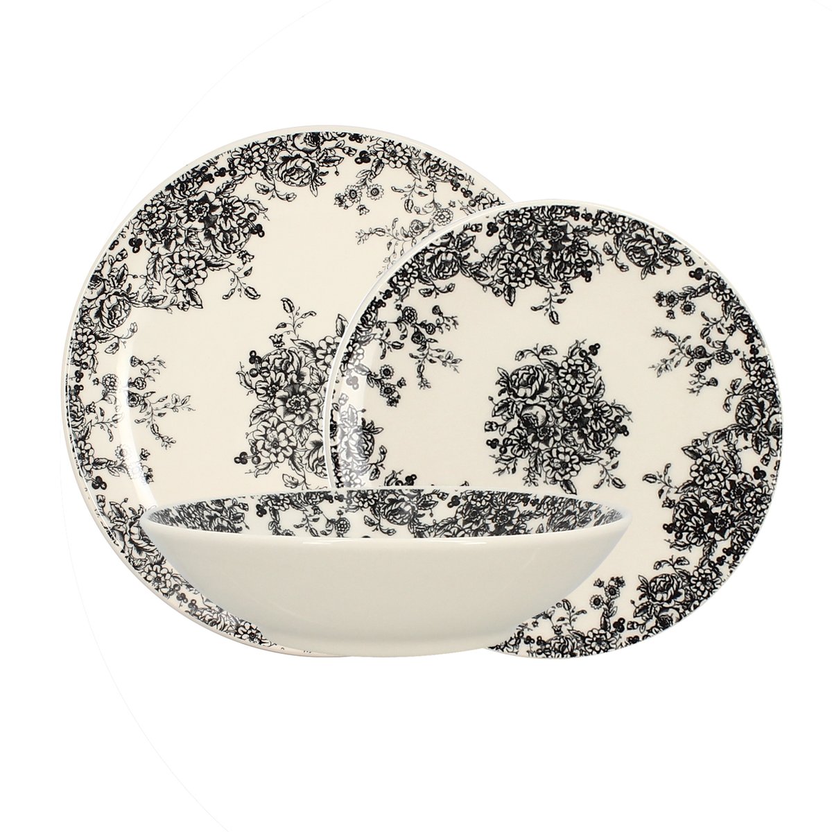 Lot de 6 assiettes à dessert en grès 19,5cm, FLORALI noir, NOVASTYL