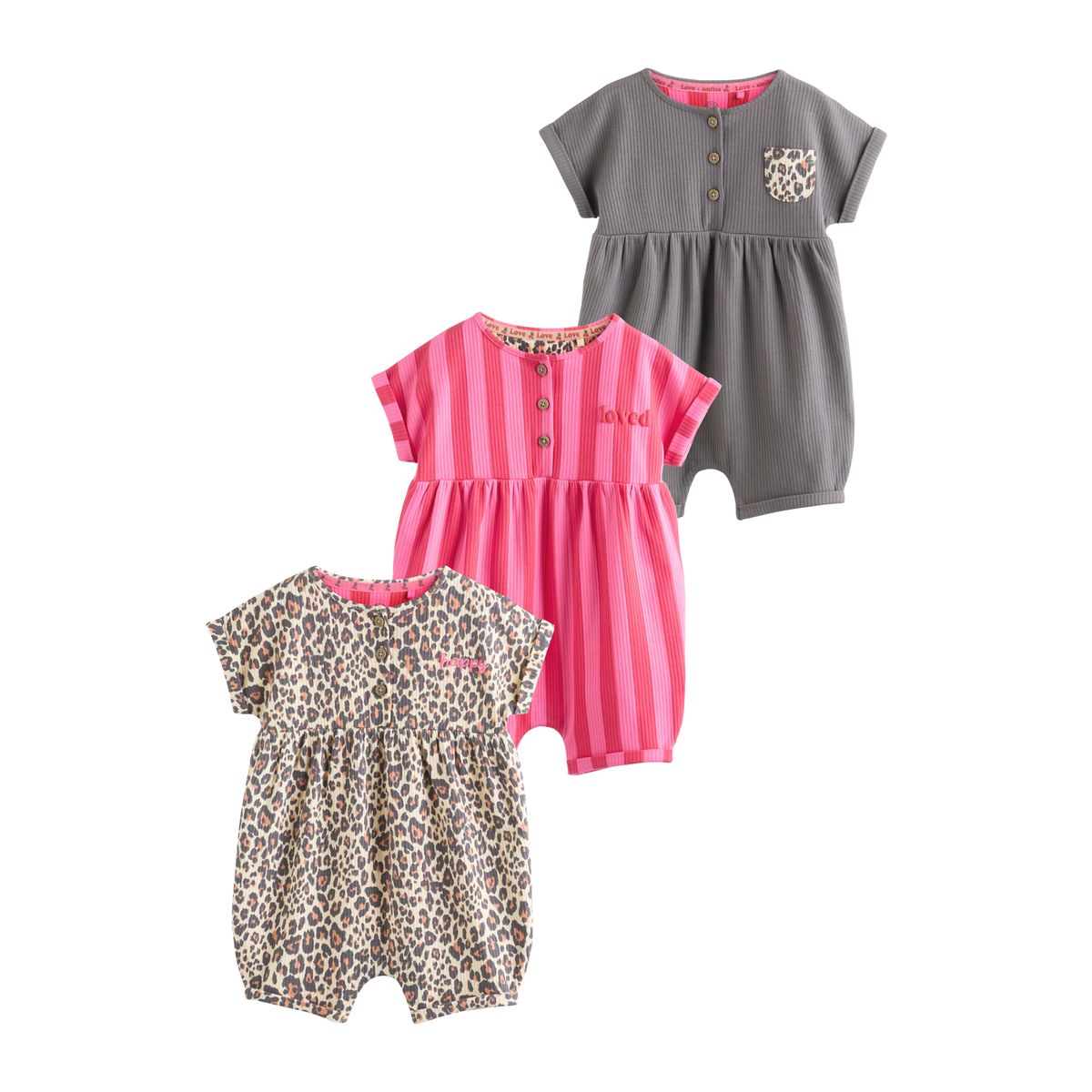 Combinaison bébé en jersey, lot de 3 bouton rose et imprimé léopard, NEXT