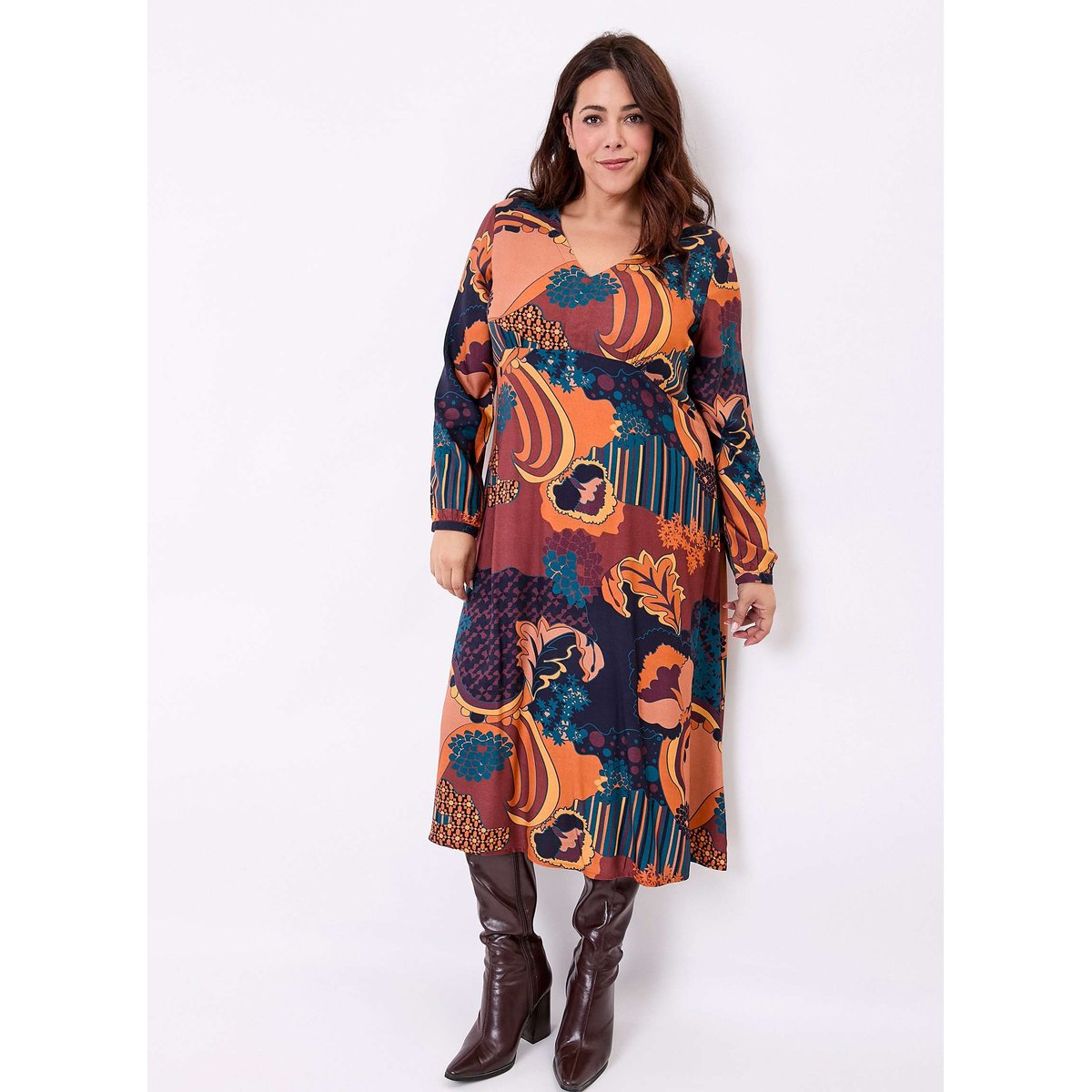 Robe midi fluide imprimée col V LAMANA marron bleu marine preeti, LA FIANCÉE