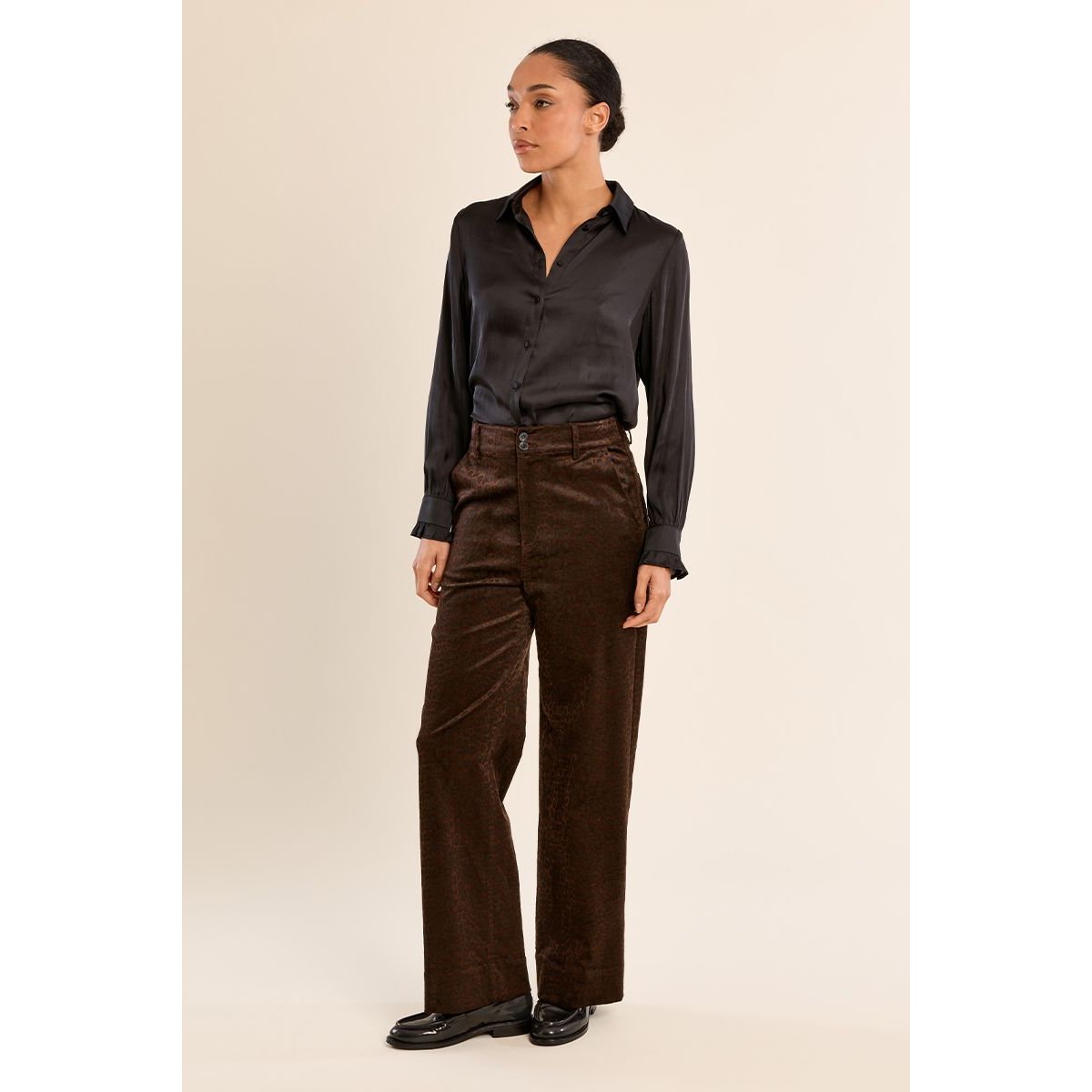 Pantalon satiné imprimé animalier chocolate, MOLLY BRACKEN
