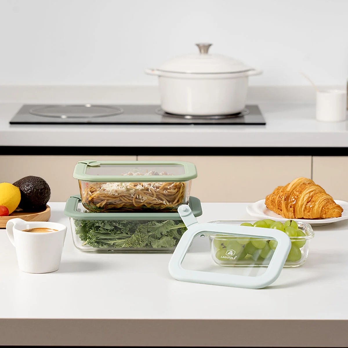 Lot de 3 boîtes en verre rectangulaires avec couvercles (640, 1050, 1520 ml) - Pure vert, LAGUIOLE CUISSON