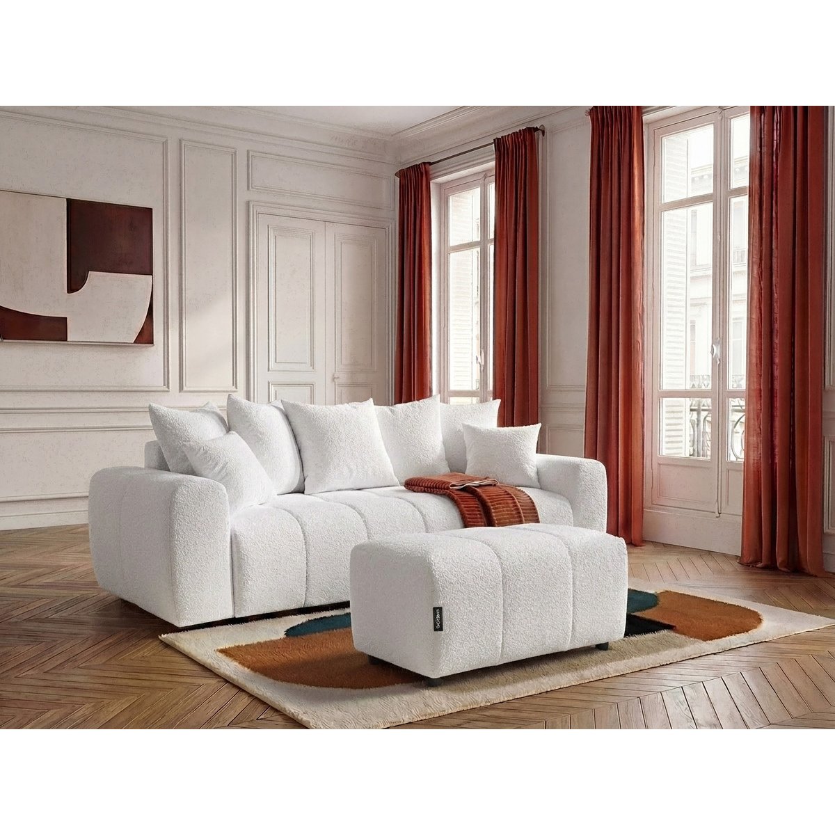 Canapé droit convertible 3 places en tissu bouclette avec pouf, ROXELANE blanc, BOBOCHIC