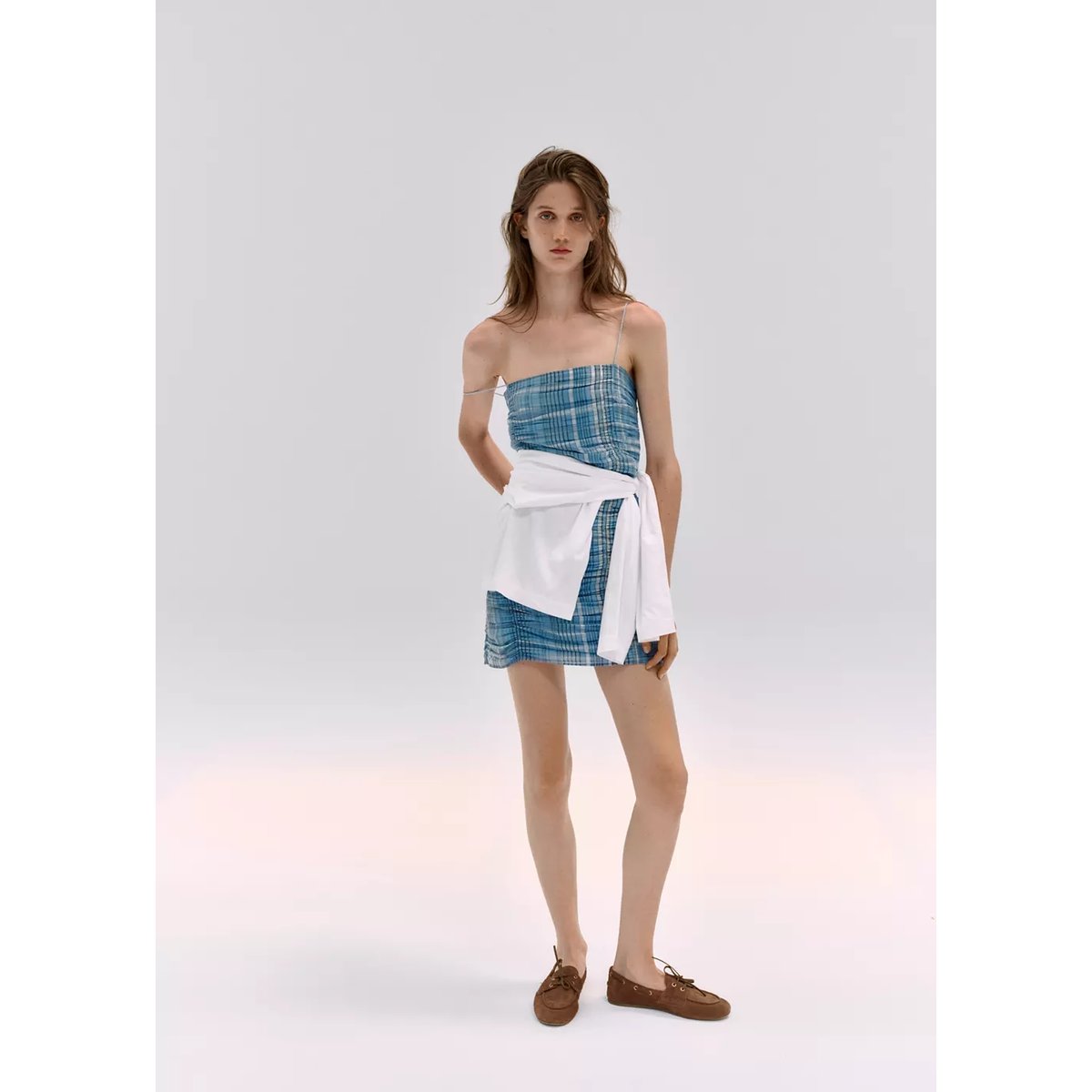 Robe froncée à carreaux bleu, MANGO