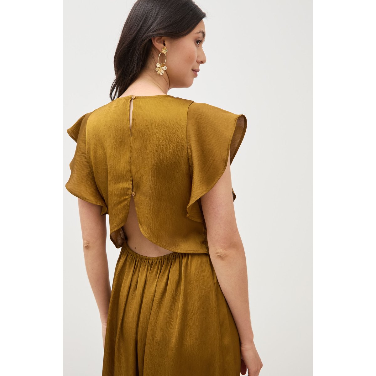 Robe fluide col v manches courtes vert fonce, BONOBO