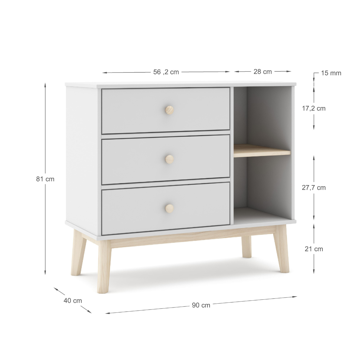 Commode 3 tiroirs et 2 niches ouvertes L90 cm - SIMON blanc, CALICOSY