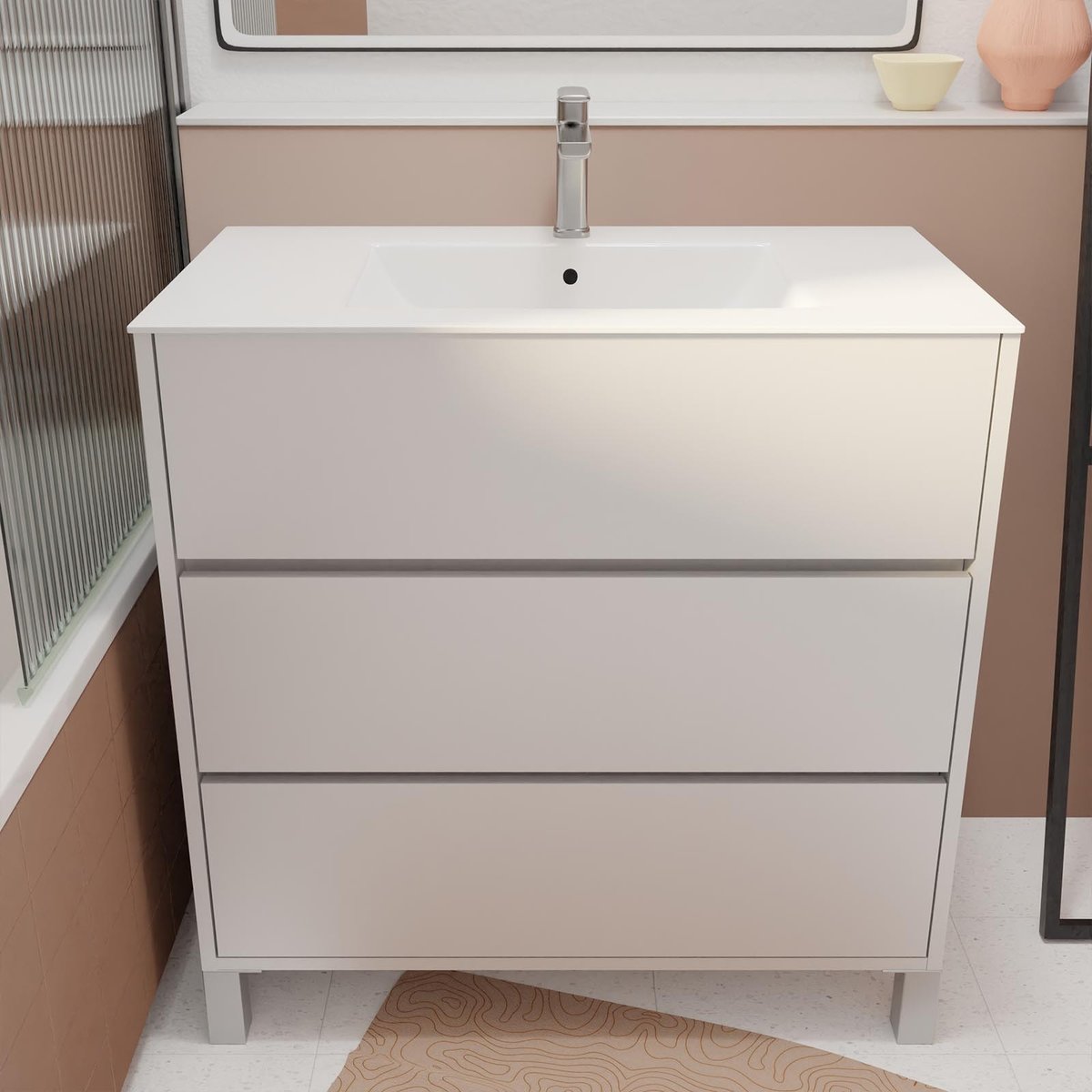 Meuble de salle de bains sur pieds avec 3 tiroirs et vasque en céramique blanc, HOME MAISON