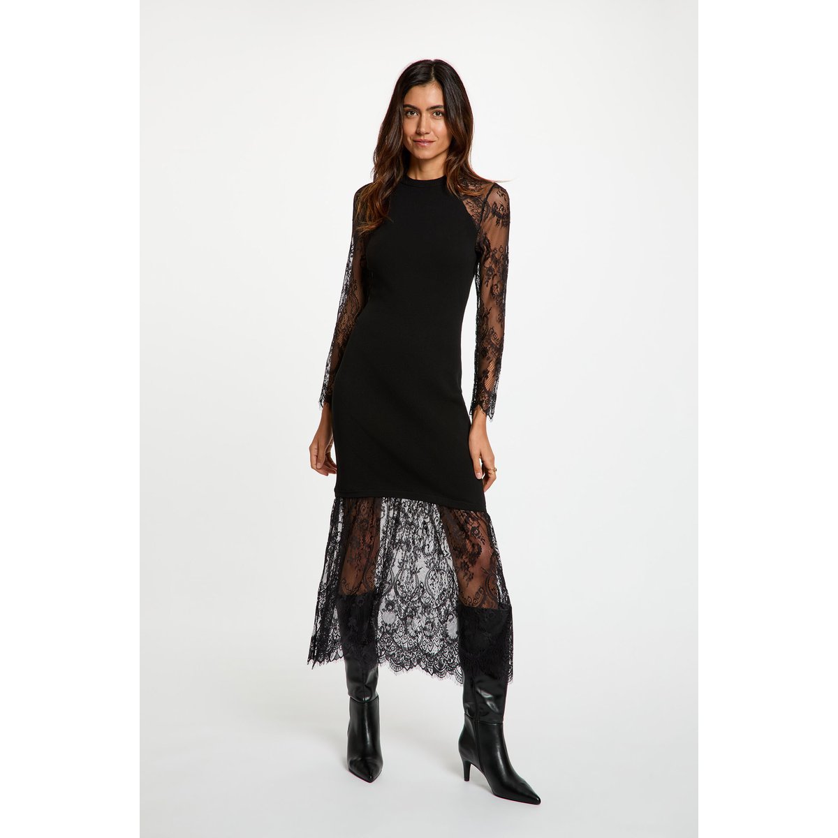 Robe tricot col montant noir, MORGAN
