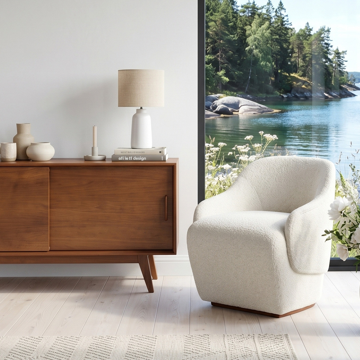 Fauteuil style contemporain en pin et tissus bouclette PRESLEY blanc, ROBIN DES BOIS
