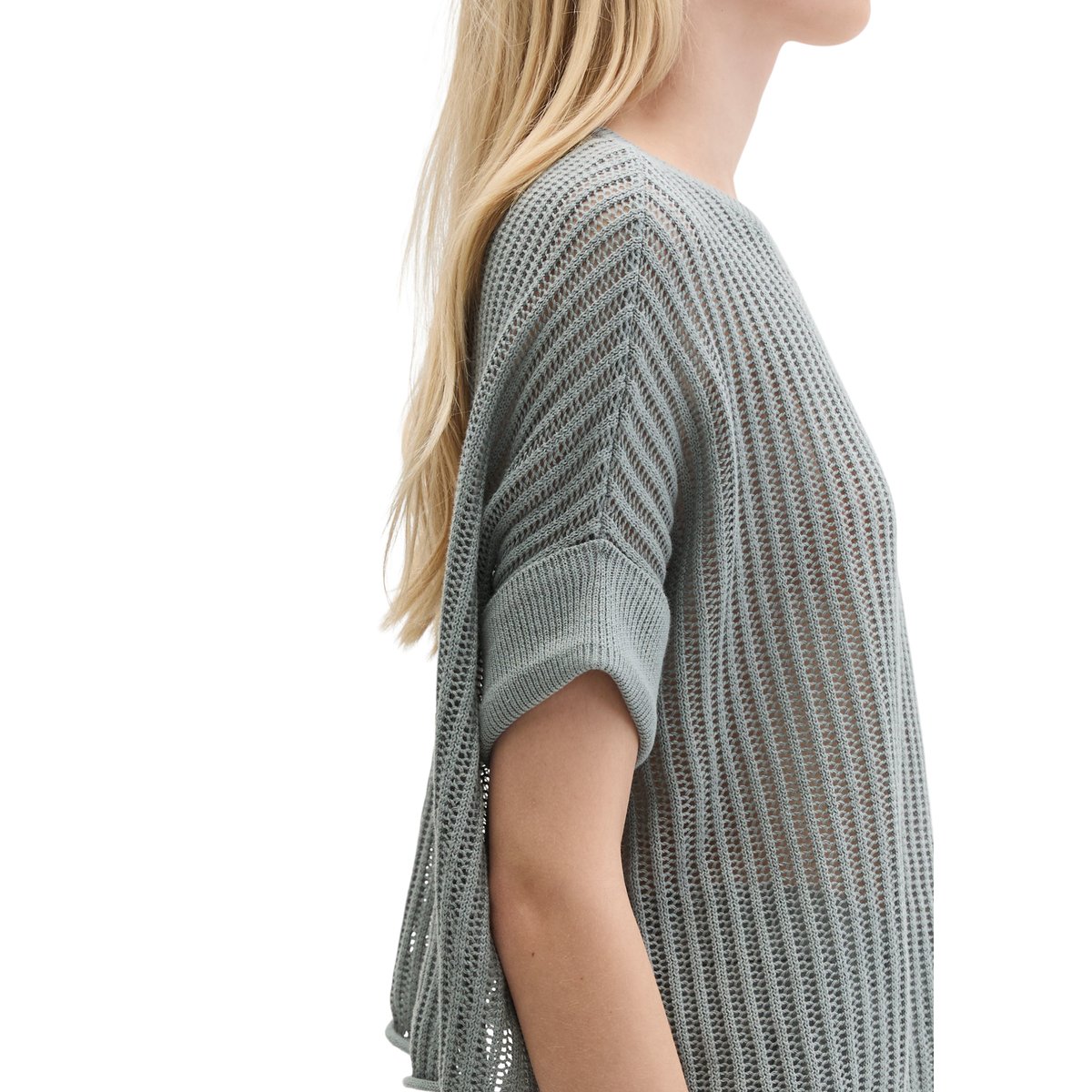 Pull-over en maille à manches courtes boxy en mélange coton organique-lin gris, MARC O'POLO