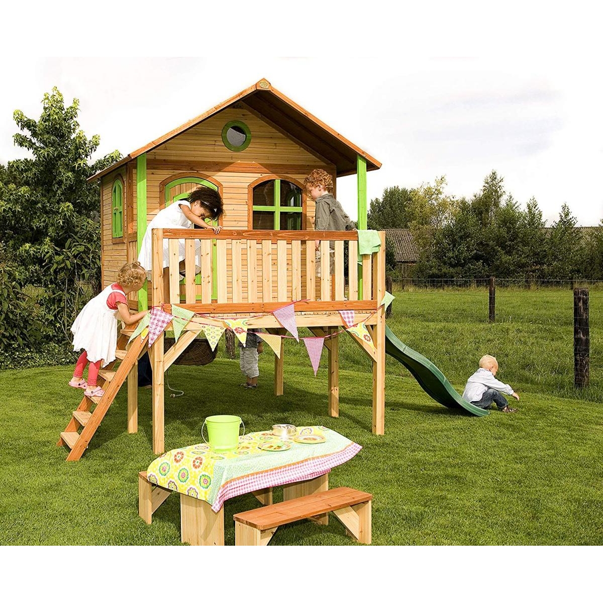 AXI Cabane enfant SOPHIE Brun Vert et toboggan Vert couleur unique, AXI HOUSE