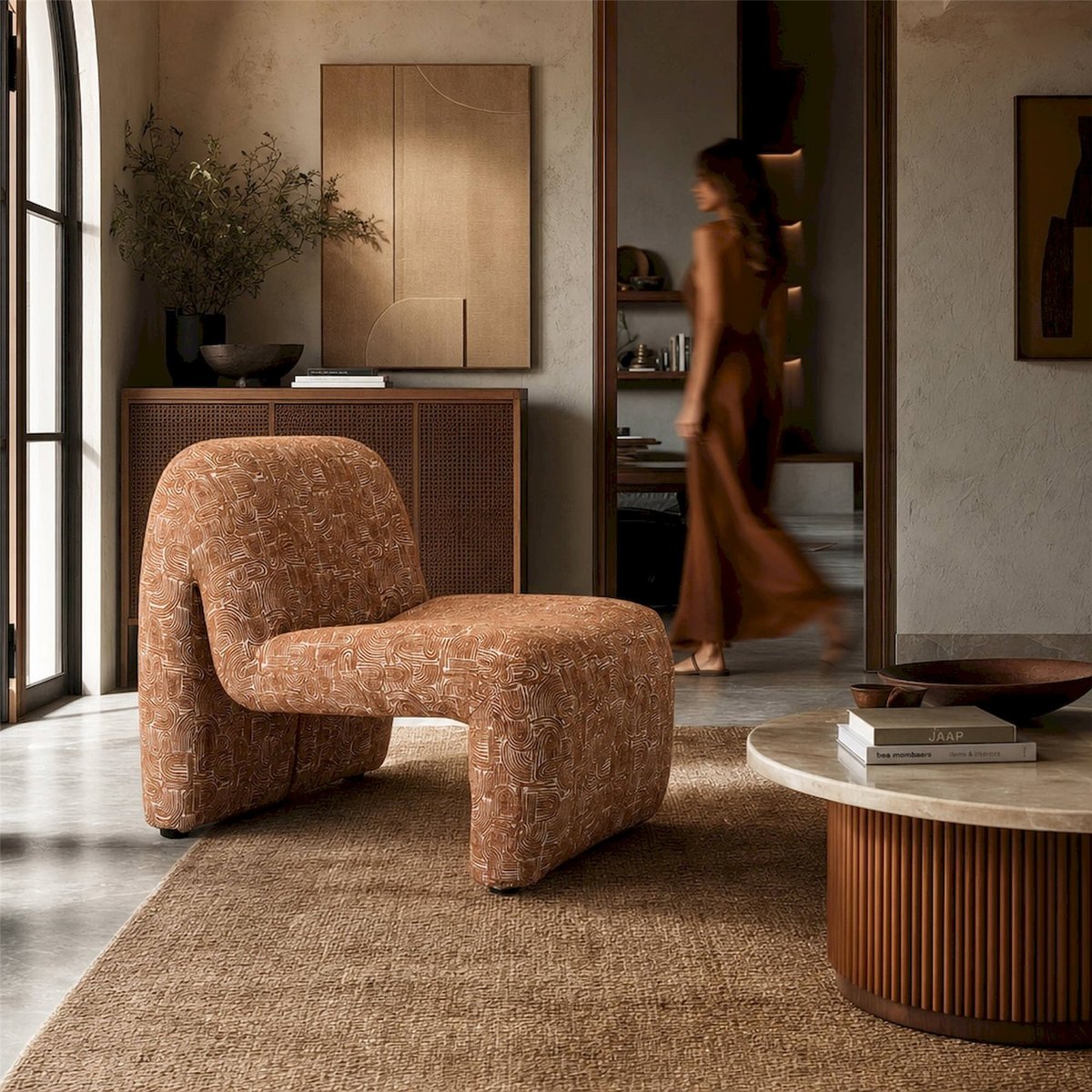 Chaise longue en tissu motif rétro rouille, RECOLLECTION