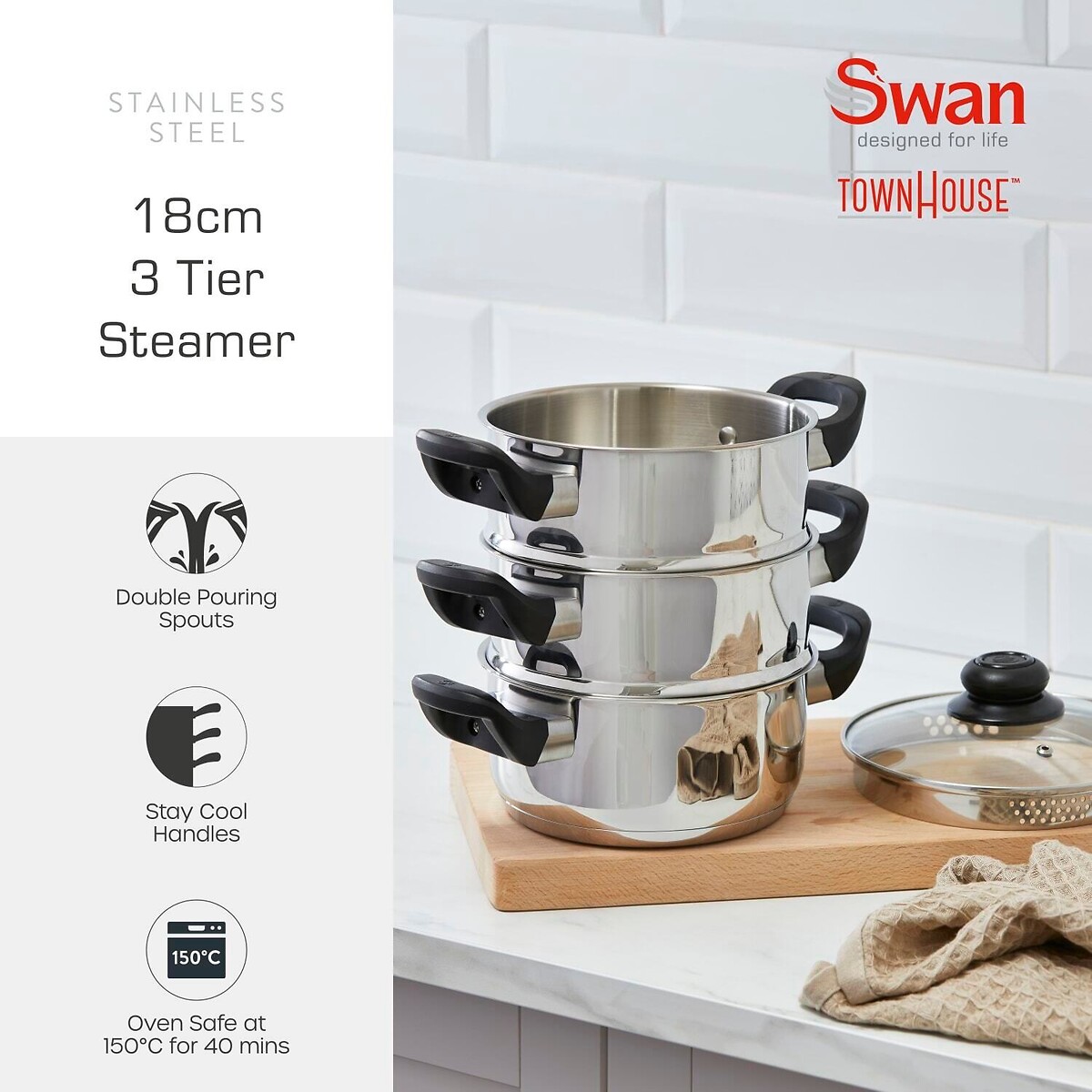 Townhouse 3-Tier 18cm Steamer silver-coloured, SWAN