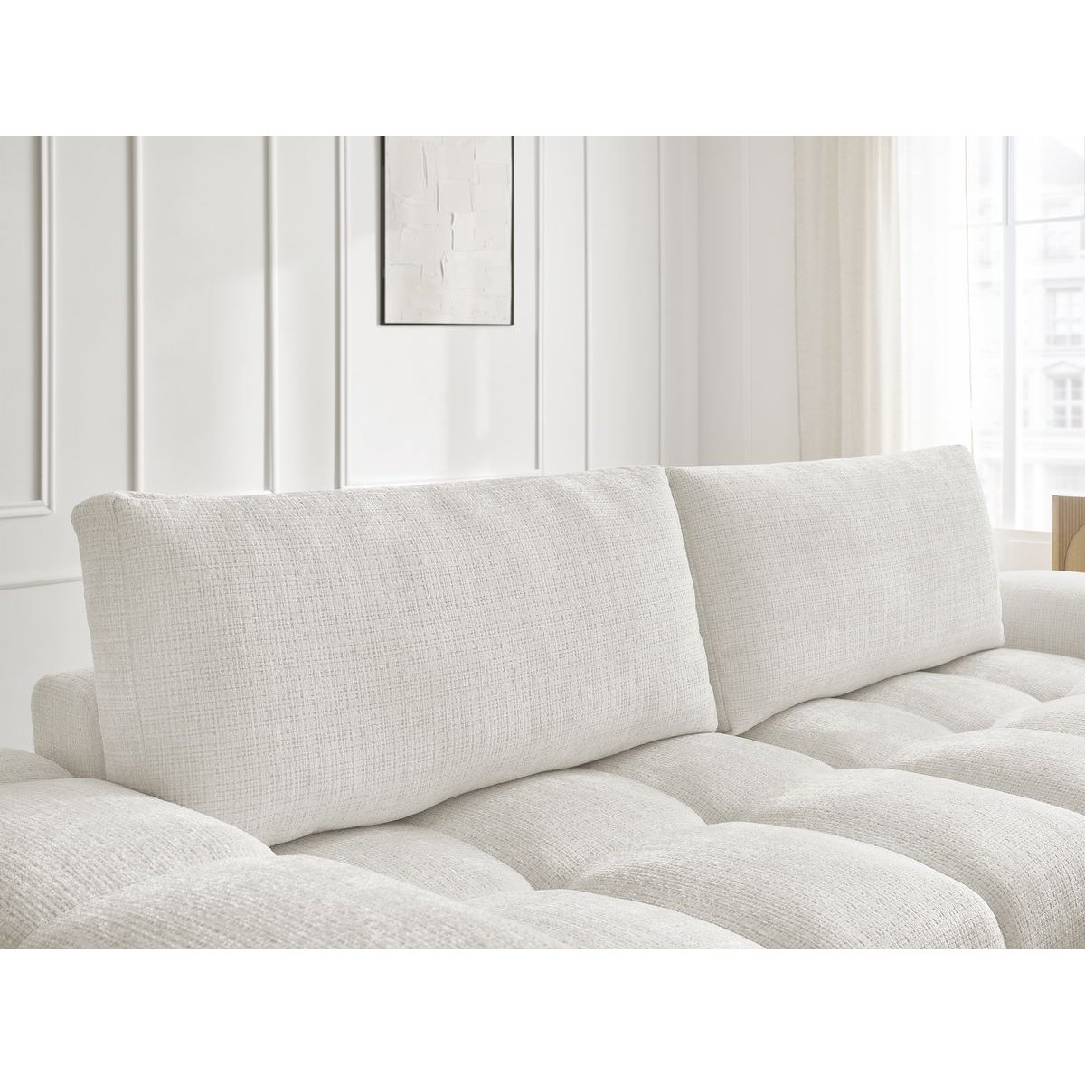 Canapé droit convertible 3 places en tissu texturé avec pouf, ANAKIN blanc, BOBOCHIC