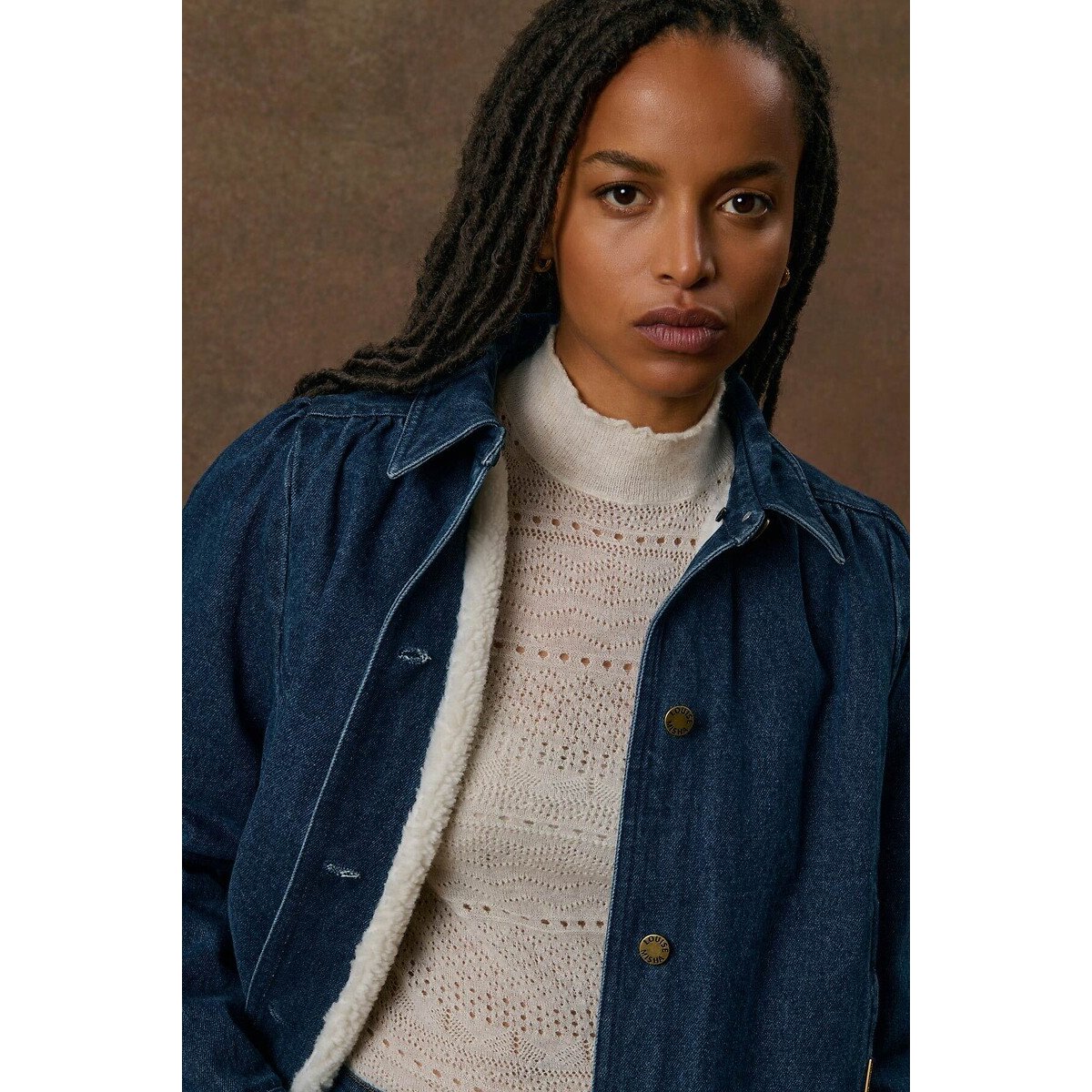 Pull col montant en maille ajourée, KARESTA crème, LOUISE MISHA