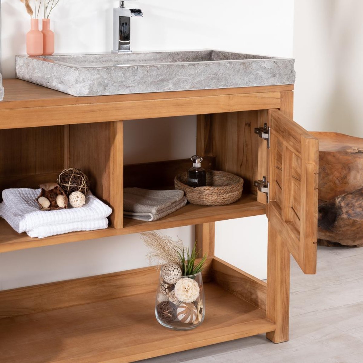 Meuble sous vasques en teck massif rectangle + 2 vasques 160cm COSY gris, WANDA COLLECTION