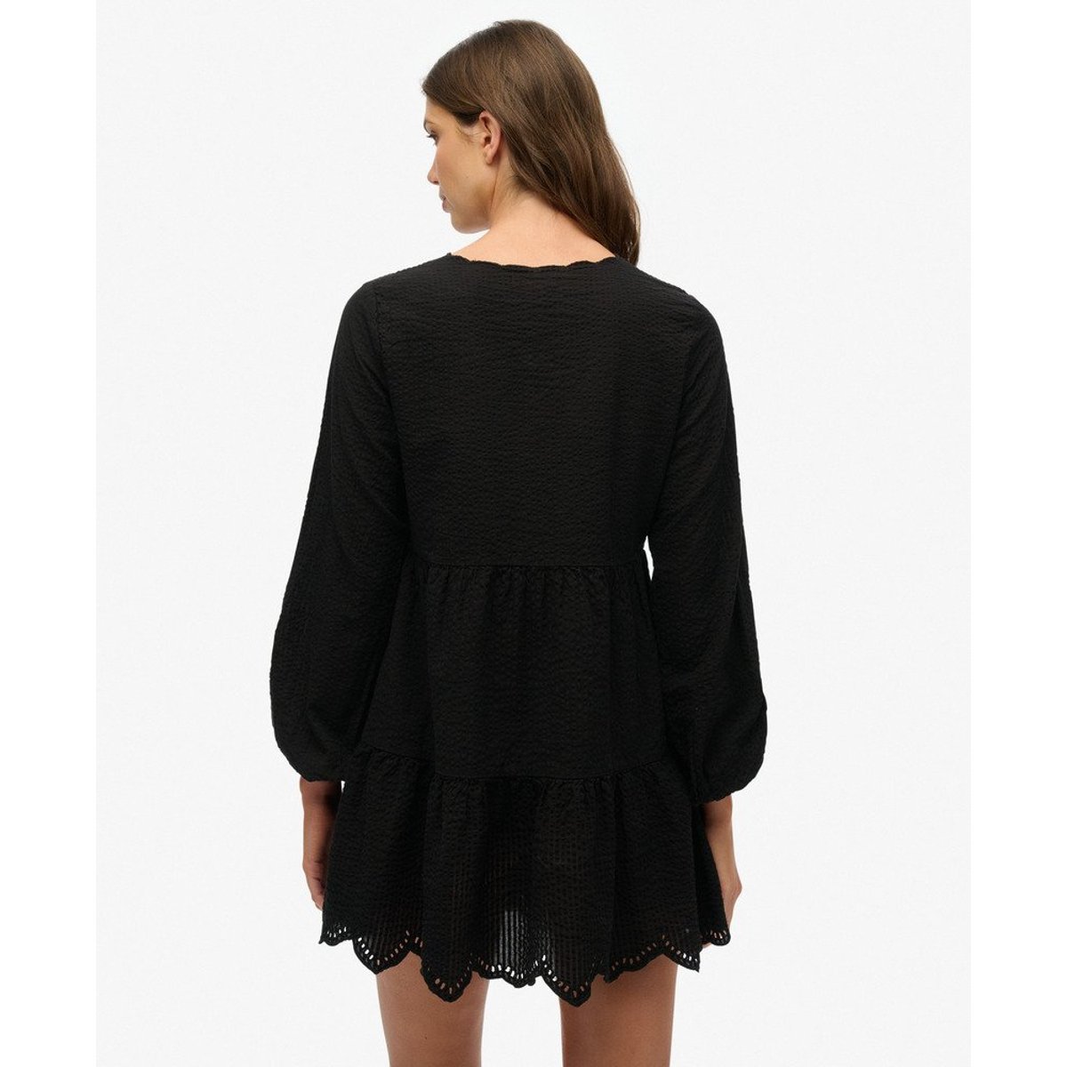 Robe courte brodée à plusieurs niveaux noir, SUPERDRY