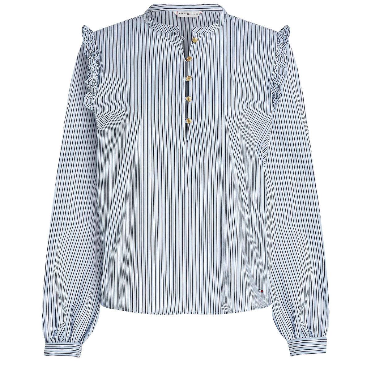 Blouse manches longues col montant avec volant bleu ciel, TOMMY HILFIGER