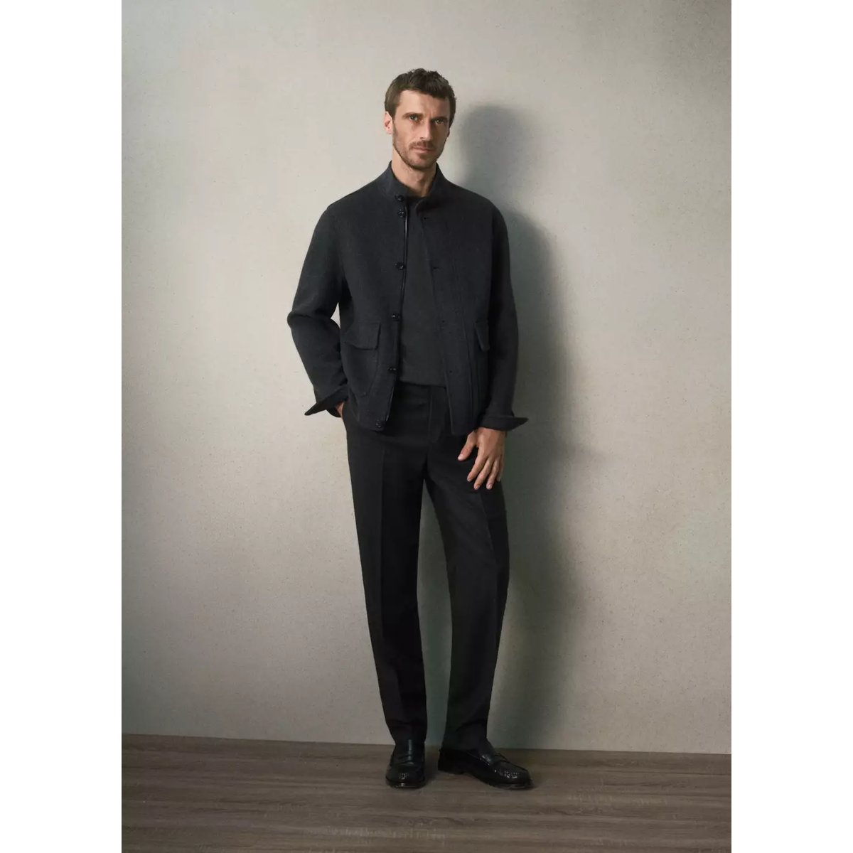 Veste en mélange laine-cachemire à col montant avec bandeau gris chiné foncé, MANGO MAN