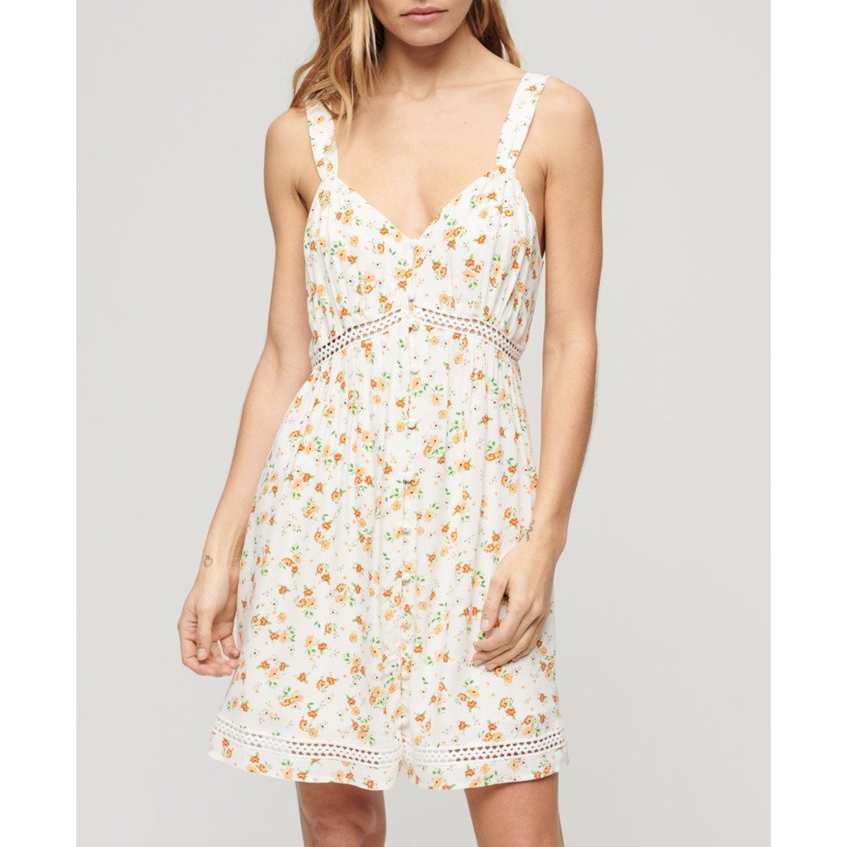 Robe caraco à col V et liseré en dentelle petites fleurs blanches, SUPERDRY