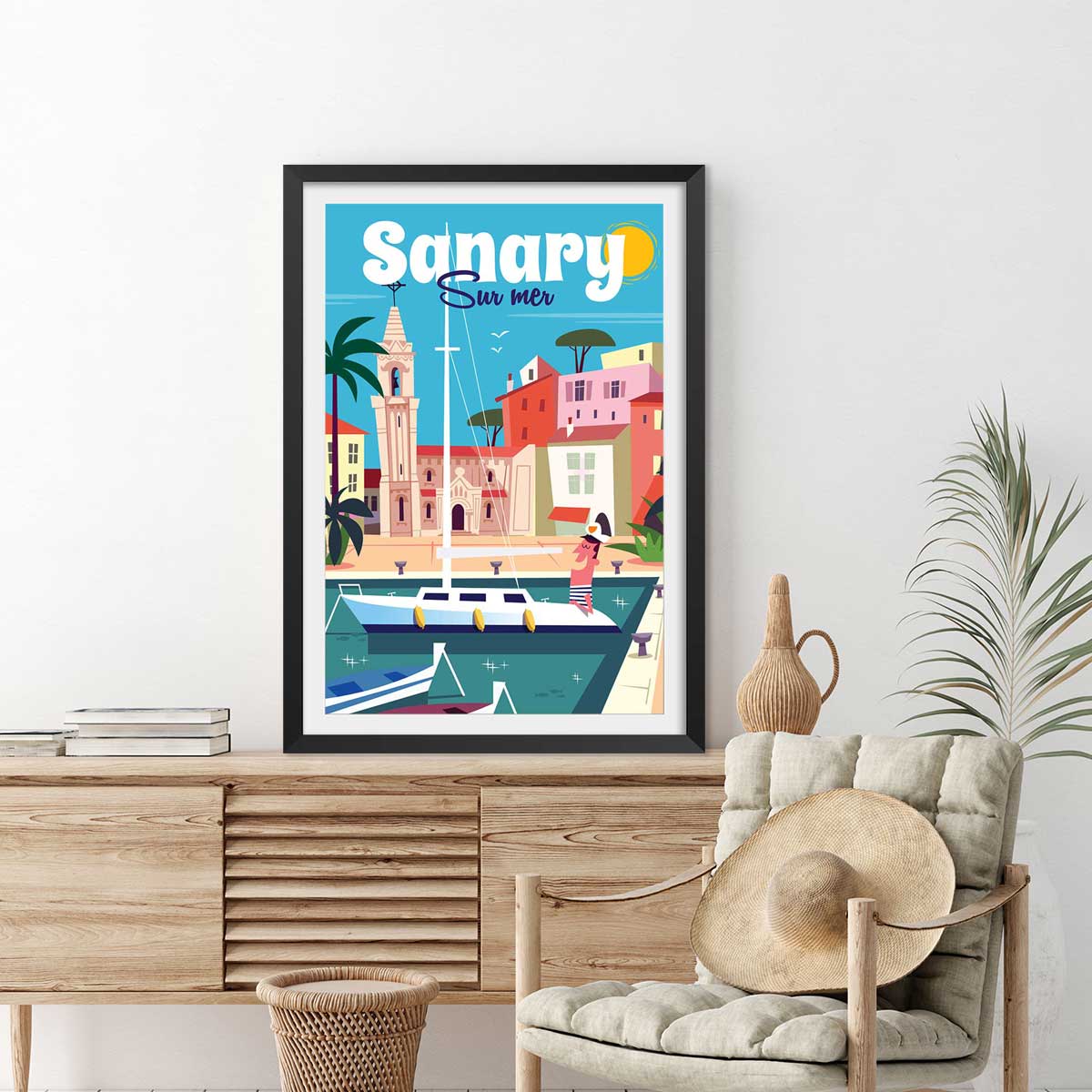 Affiche vacances à Sanary affiche + cadre en bois - noir, HEXOA