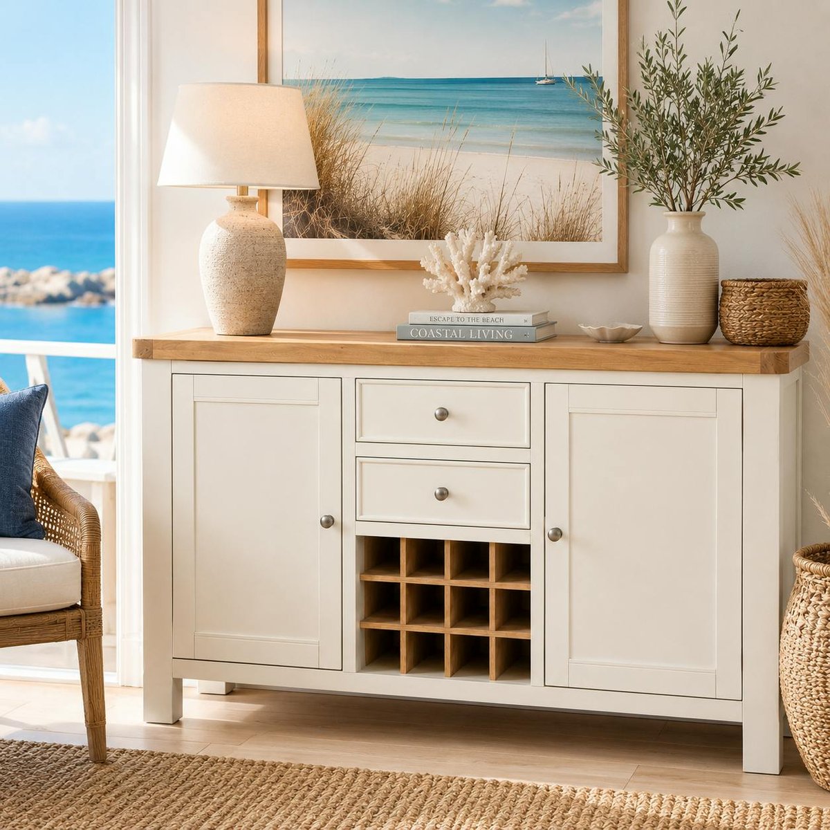 Buffet blanc style bord de mer avec range-bouteilles VELIA blanc, PIER IMPORT