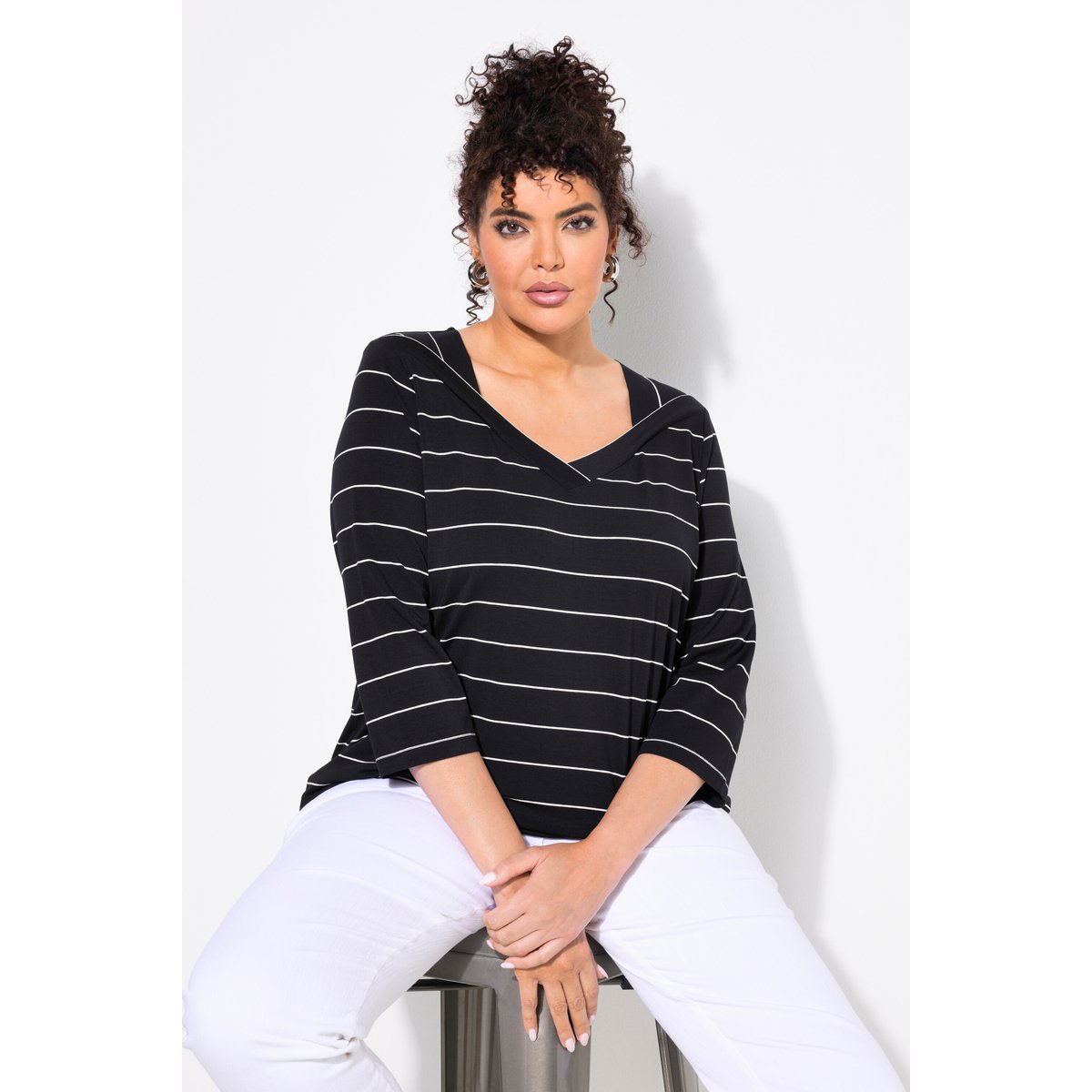 T-shirt rayé. Coupe Classic. Manches 3/4 noir, ULLA POPKEN