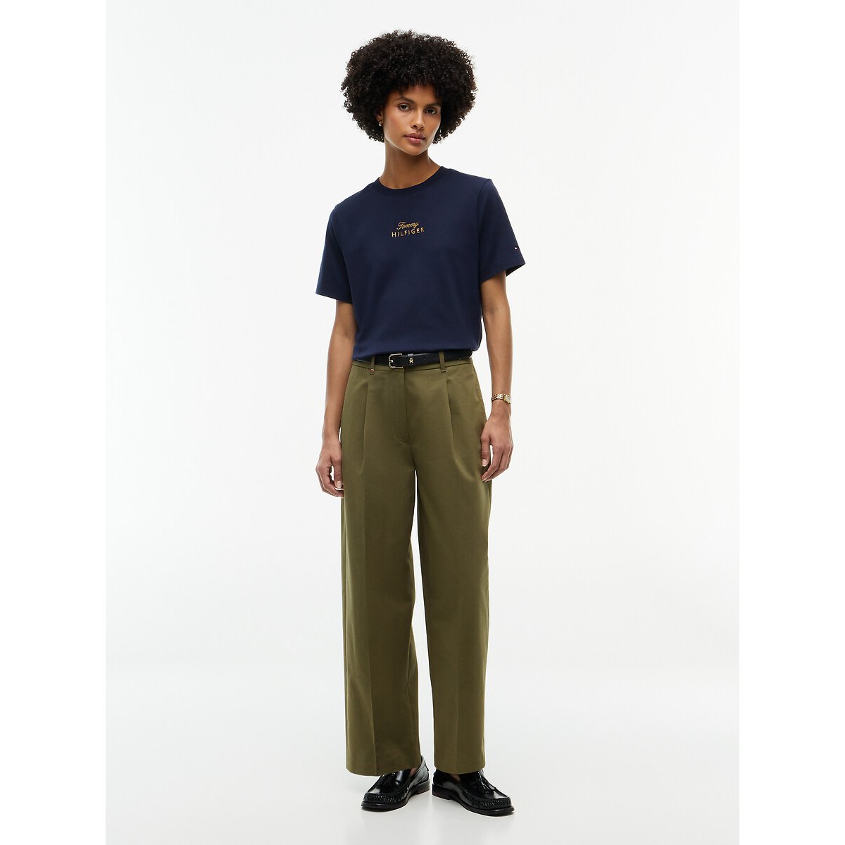 T-shirt col rond manches courtes avec logo brodé marine, TOMMY HILFIGER