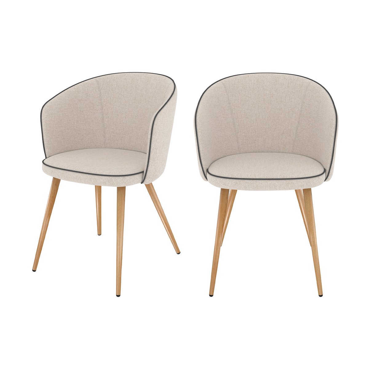 Lot de 2 chaises en tissu et pieds en métal - CHIARA beige, pieds bois clair, MAISON PAVANE