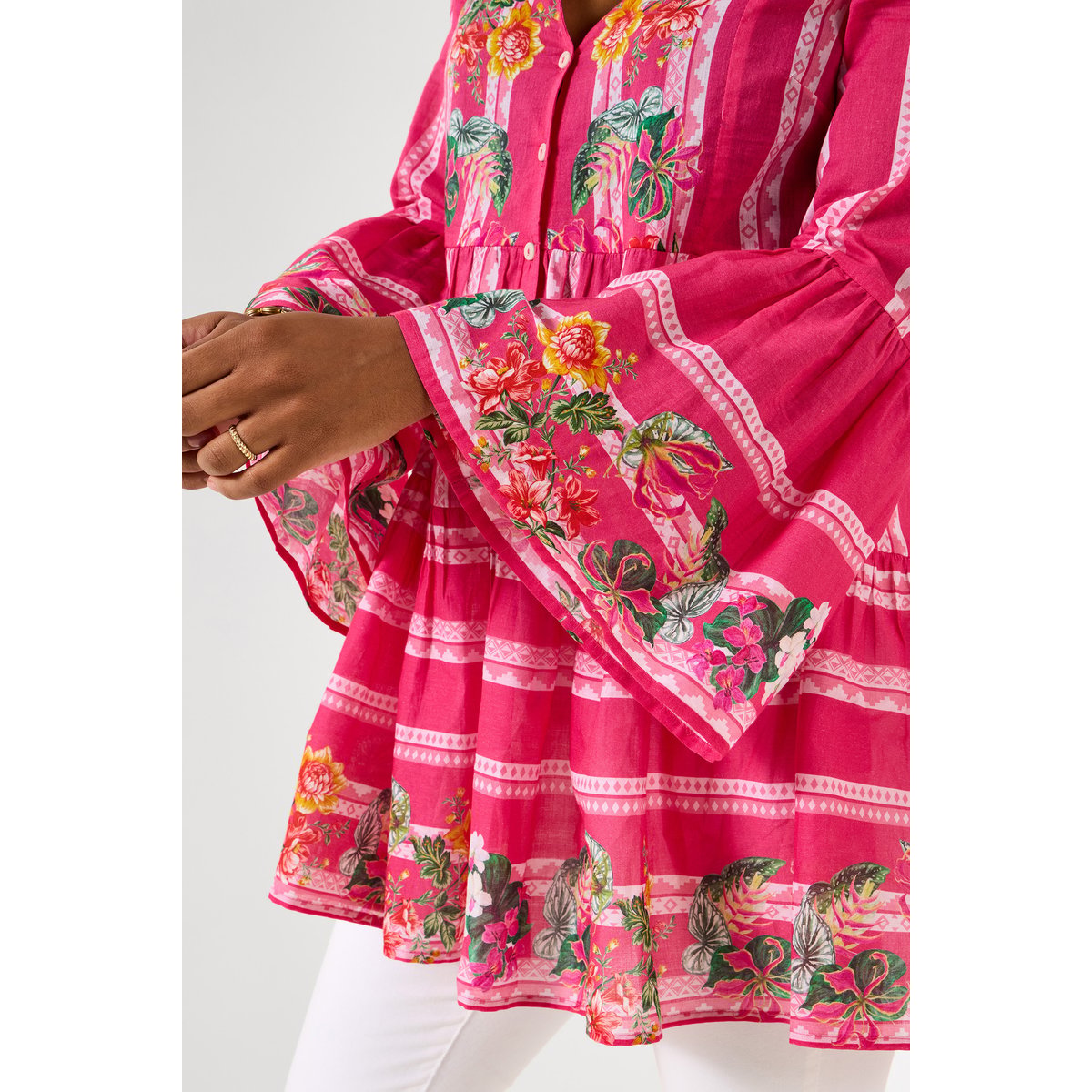 Robe tunique coton florale à manches évasées rose, JOE BROWNS
