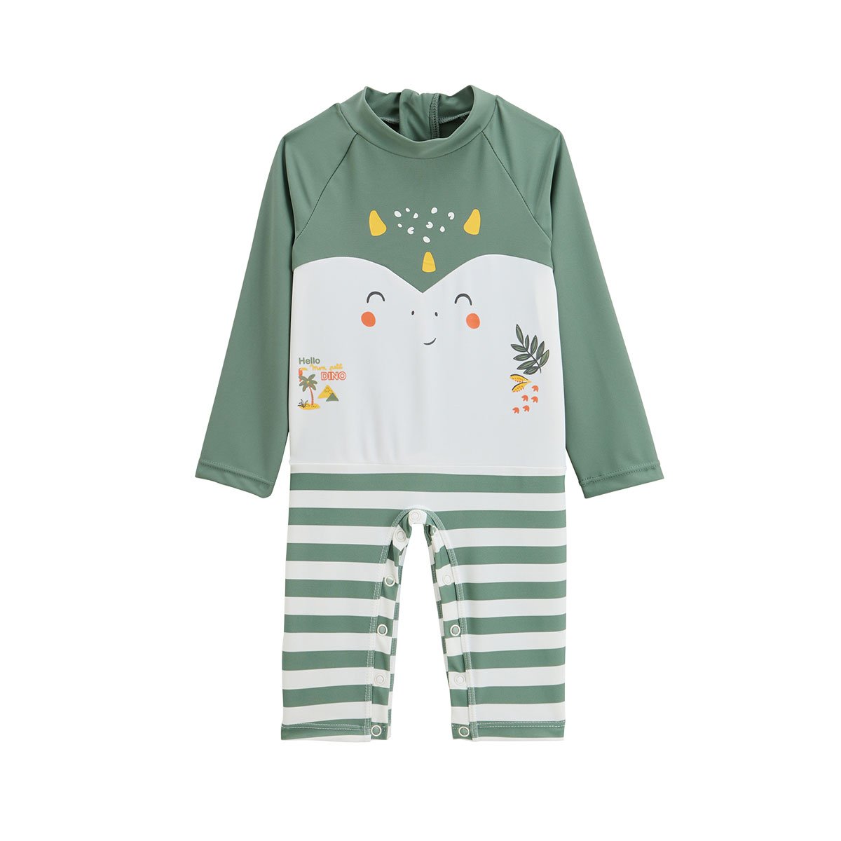 Combinaison de bain bébé manches longues protection UV Hello Dino kaki, PETIT BEGUIN