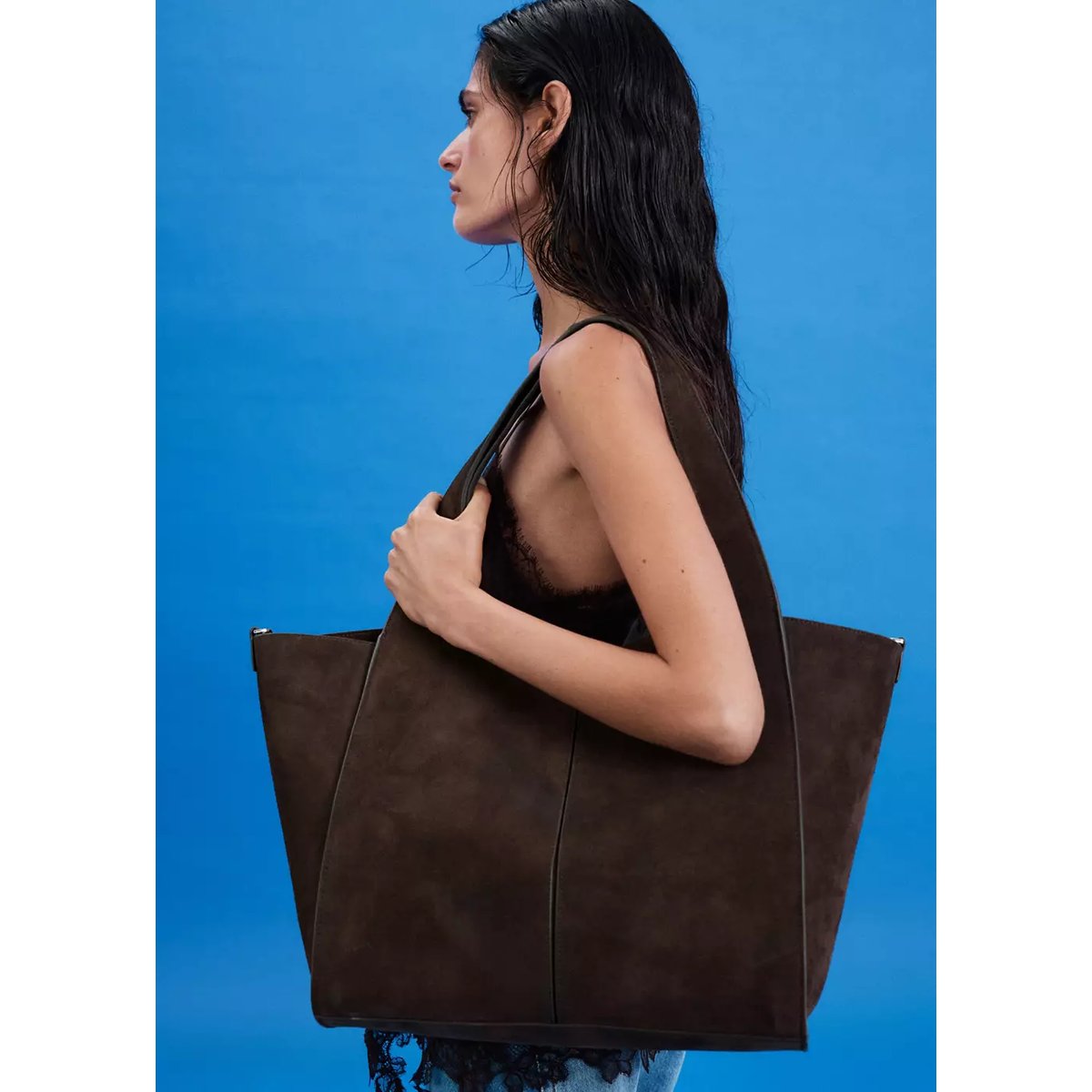 Sac shopper cuir chocolat, MANGO
