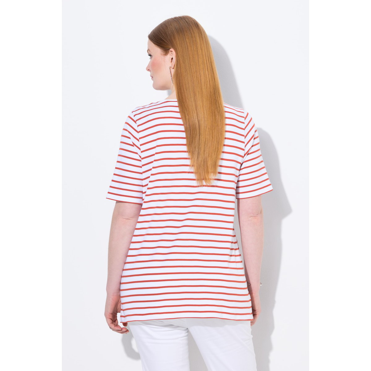 T-shirt rayé en coton Pima. Décolleté rond terre cuite, ULLA POPKEN