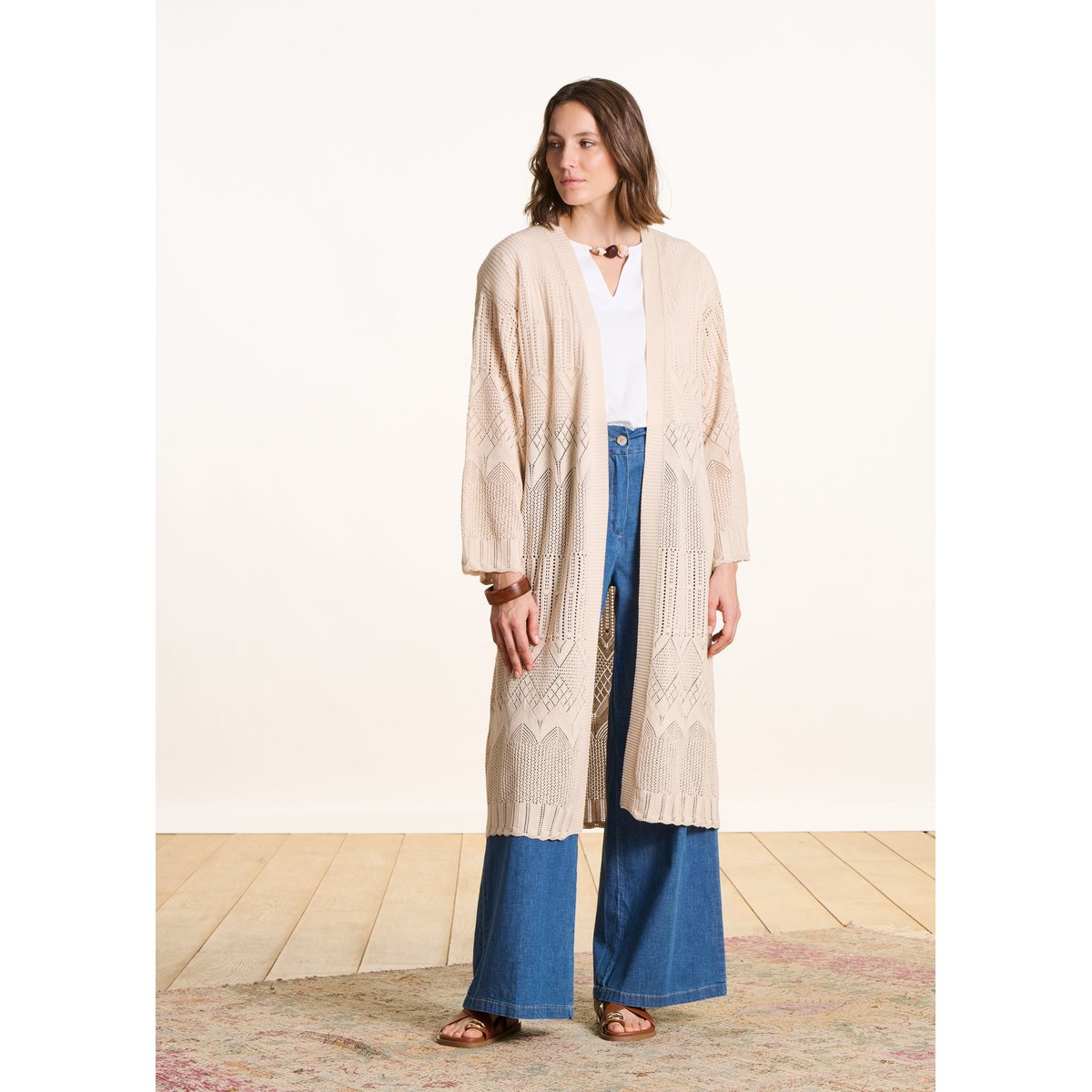 Gilet long en maille pointelle sahara, LA FEE MARABOUTEE