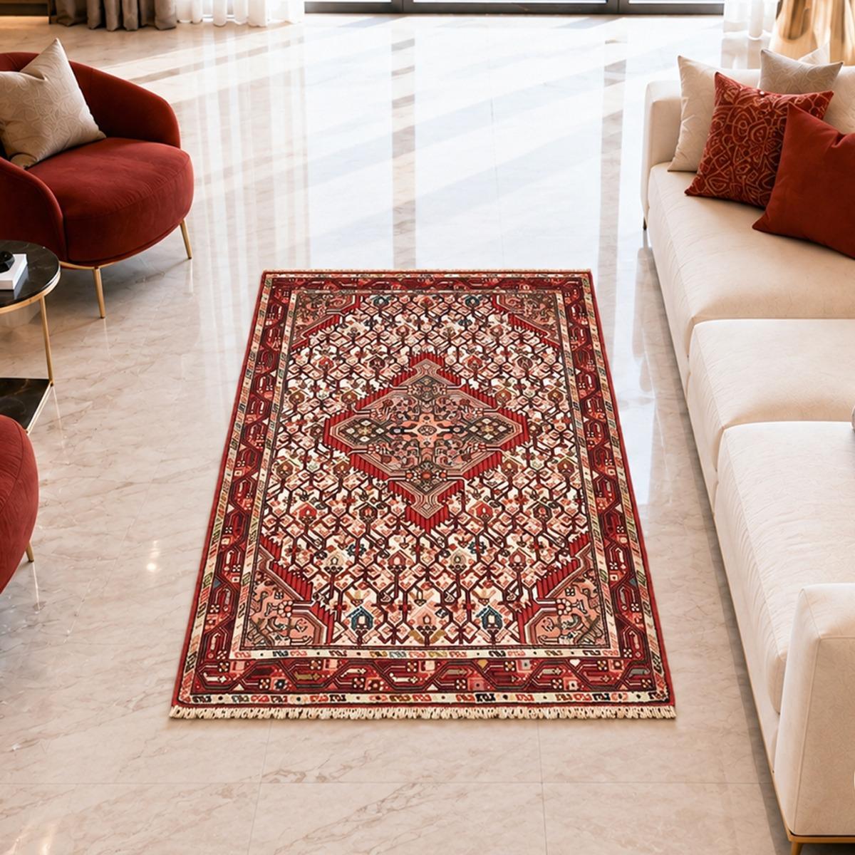 Tapis d'orient, motif oriental noué main en laine, HAMADAN 11 rouge, crème, marron, UN AMOUR DE TAPIS