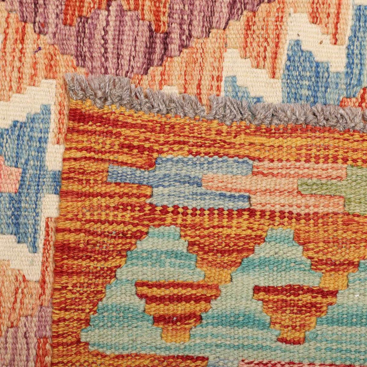 Tapis kilim, motif géométrique authentique, tissé plat, KILIM 28 multicolore, bleu, orange, UN AMOUR DE TAPIS