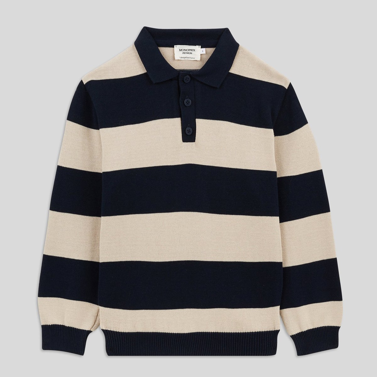 Polo manches longues à rayures fabriqué en France en coton BIO marine, MONOPRIX