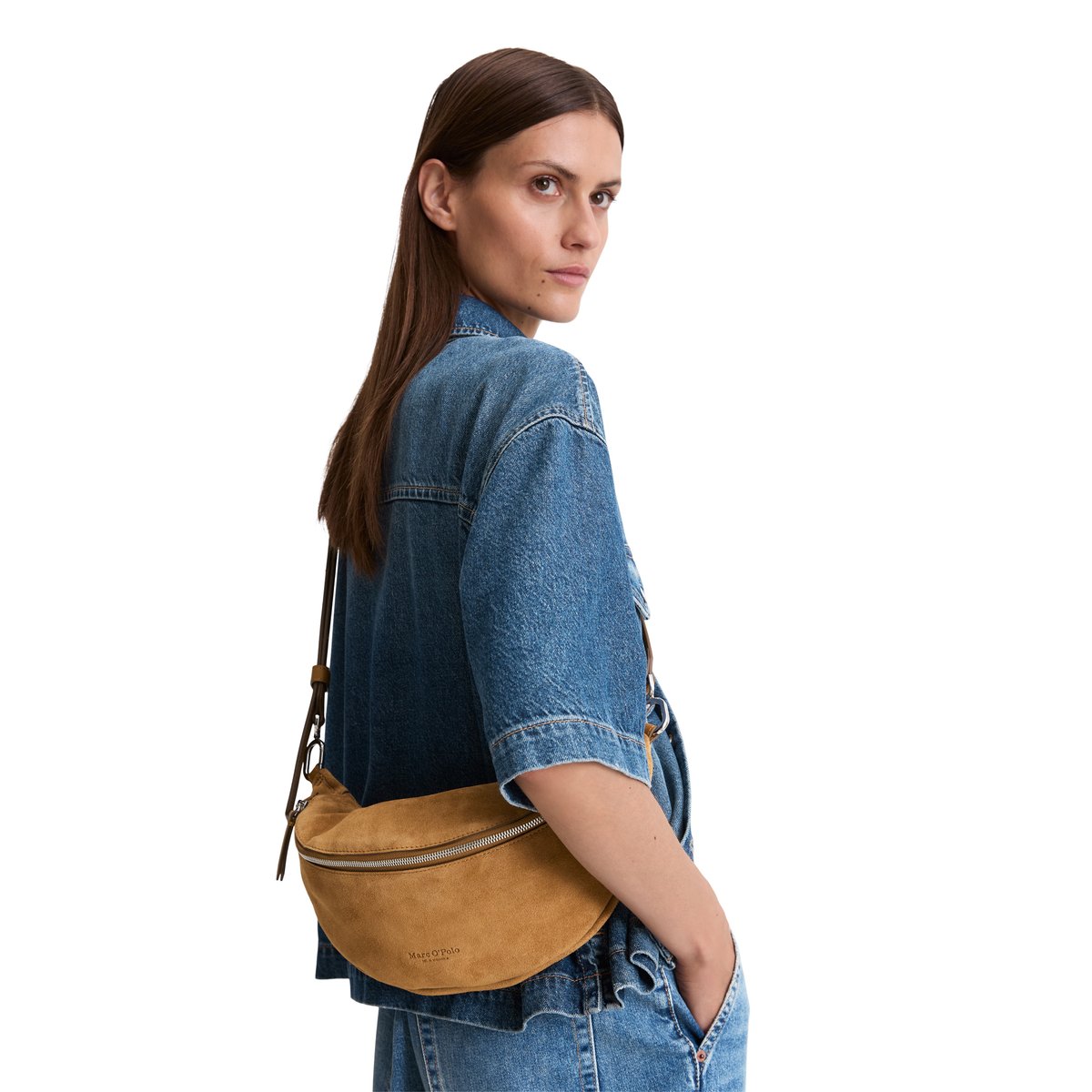 Sac banane en cuir de vachette velours doux marron, MARC O'POLO
