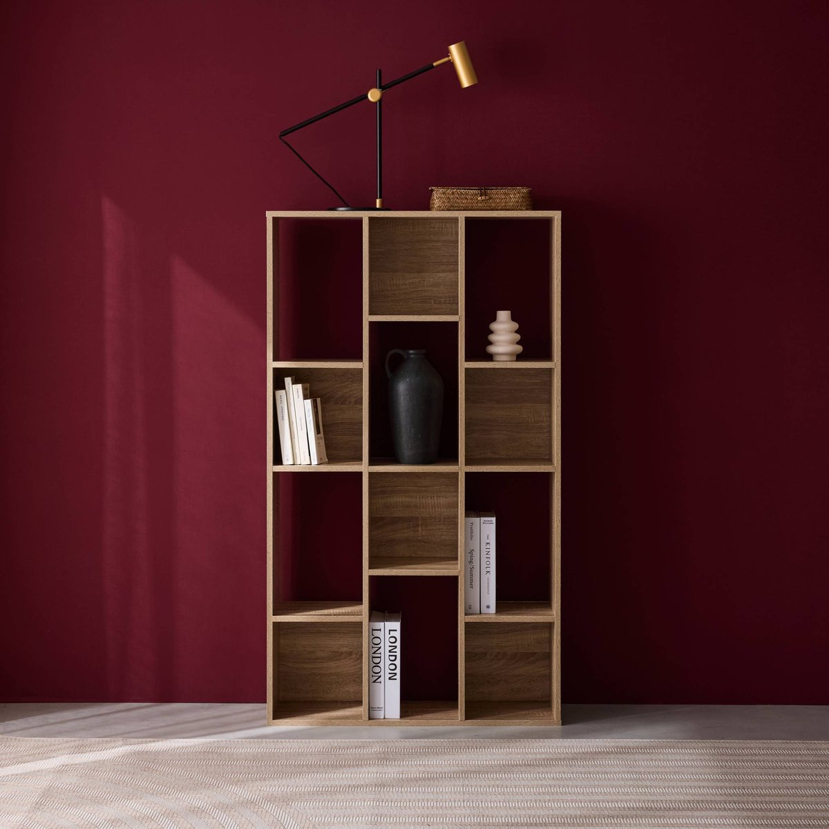 Etagère bibliothèque décor bois 3 étagères 12 compartiments PIETER naturel, SWEEEK
