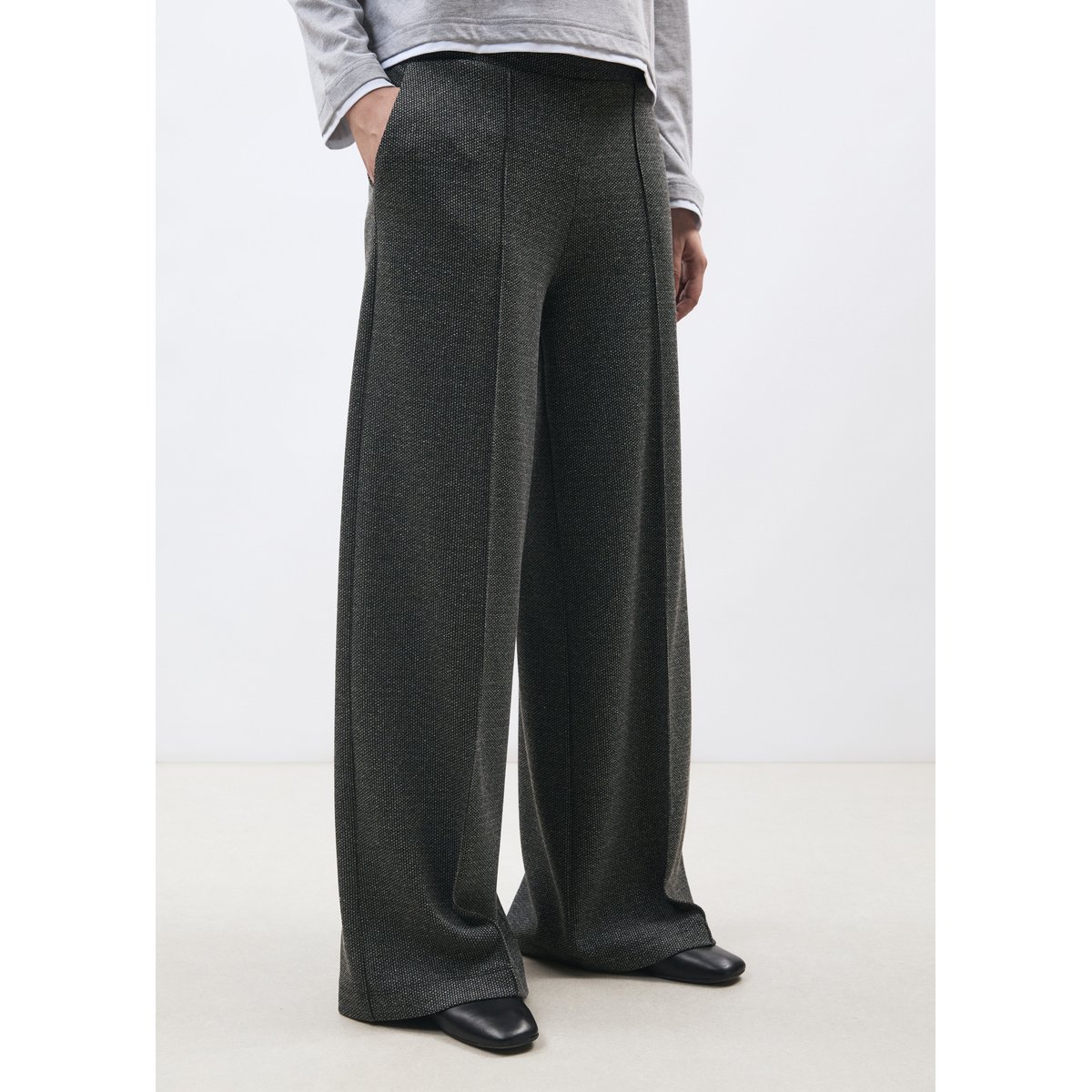 Pantalon large taille haute à motif pied de puces anthracite, HUMILITY