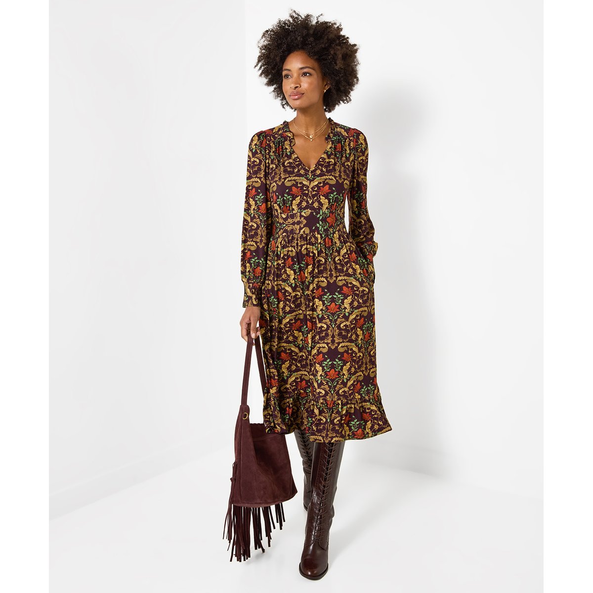 Élégante Robe Mi-Longue en Jersey à Manches Longues Motif Feuilles marron, JOE BROWNS