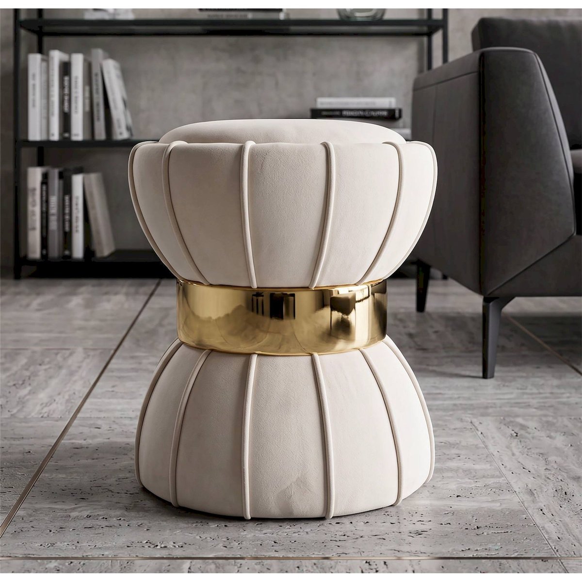 Tabouret bois de pin assise velours GLAM crème et doré, RECOLLECTION