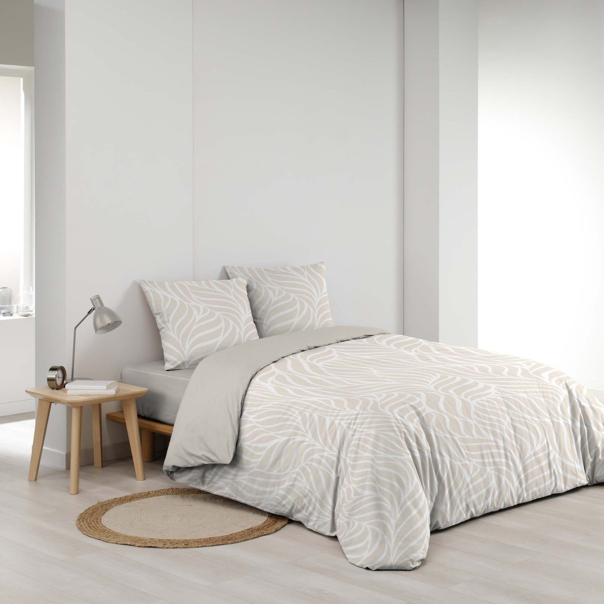 Parure de lit 3 pièces en coton feuille design housse + taies naturel, DOUCEUR D'INTÉRIEUR