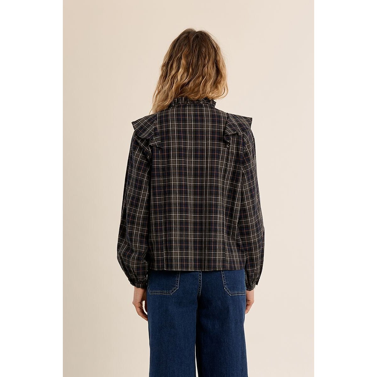 Geruite blouse met ruches geruit blauw, MOLLY BRACKEN
