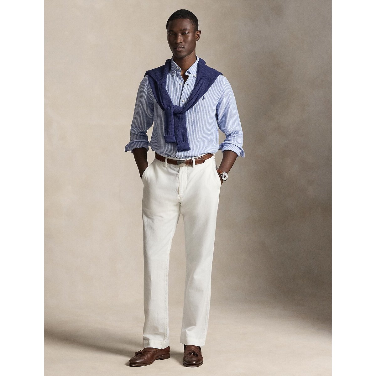 Camicia a righe Custom Fit in lino blu/bianco, POLO RALPH LAUREN