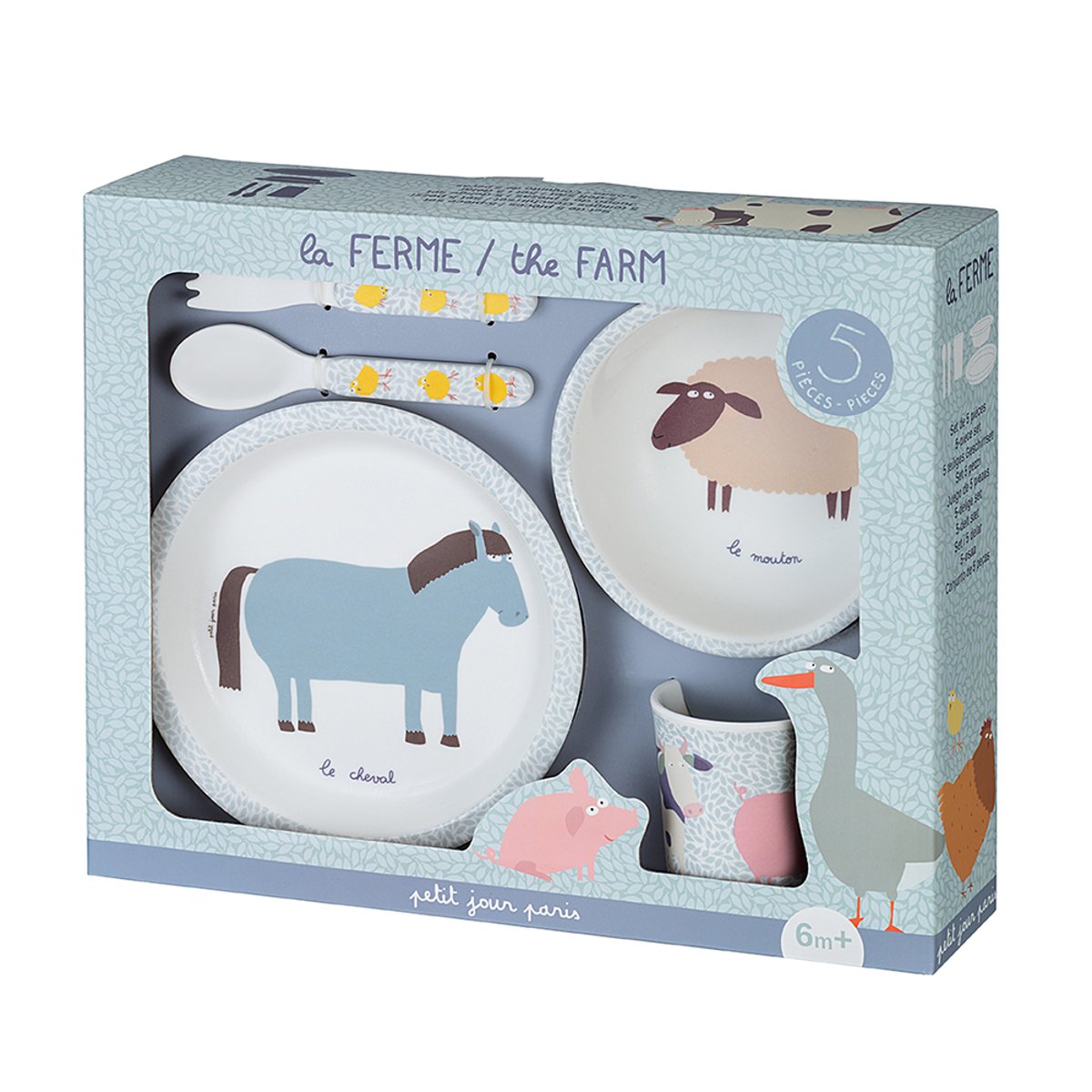 Coffret cadeau 5 pièces LA FERME bleu, jaune, rose., PETIT JOUR