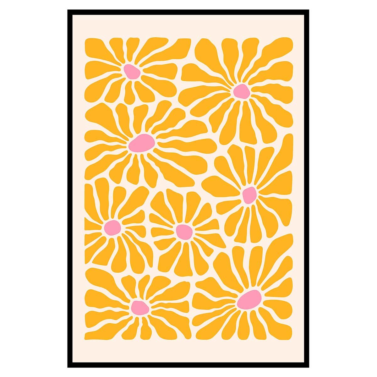 Affiche encadrée fleurs jaunes graphiques affiche + cadre en métal - noir, HEXOA