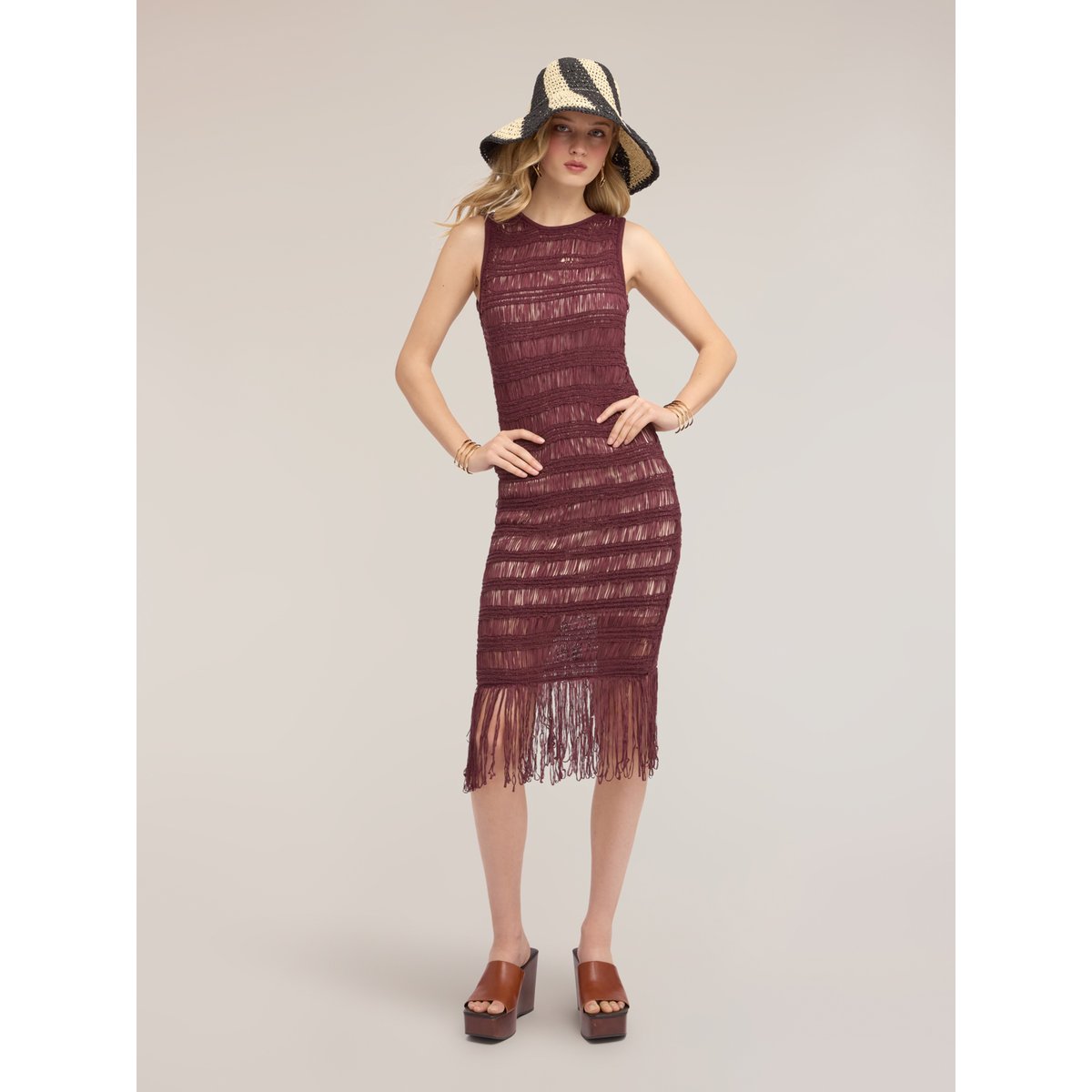 Robe fourreau macramé à franges violet, MOTIVI