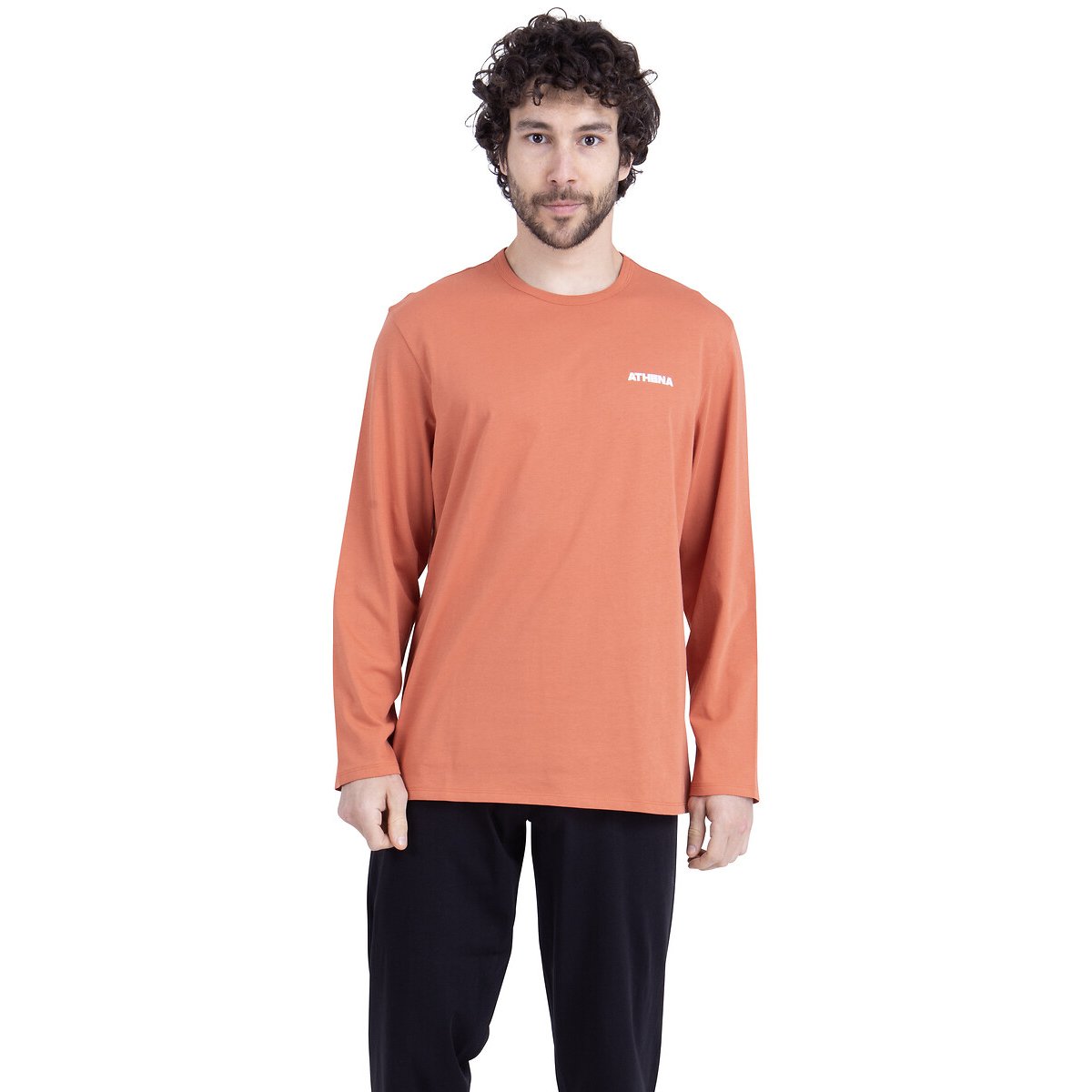 Pigiama lungo in cotone, a maniche lunghe nero/terracotta, ATHENA