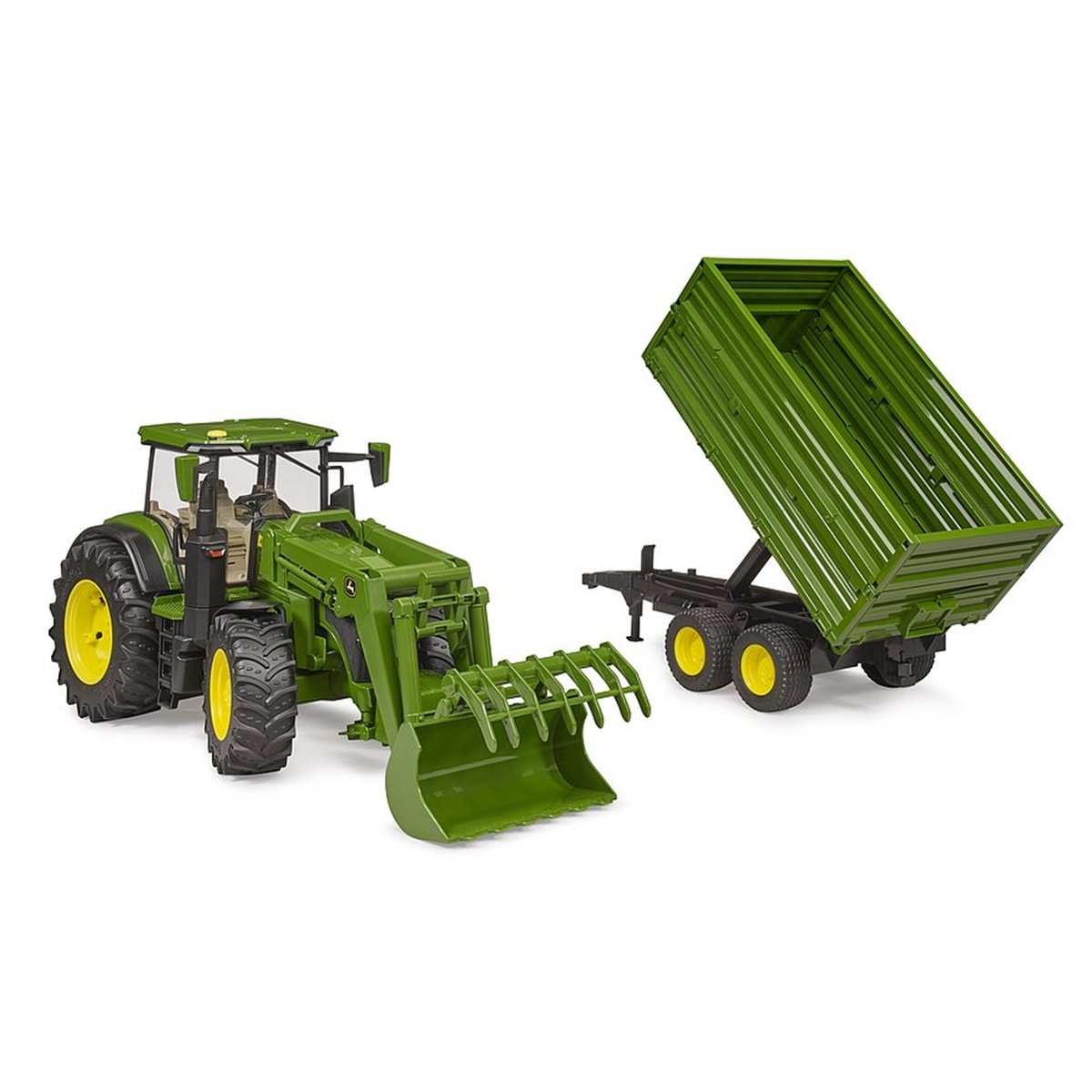 John Deere 7R avec chargeur avant et remorque avec attelage tandem vert, BRUDER