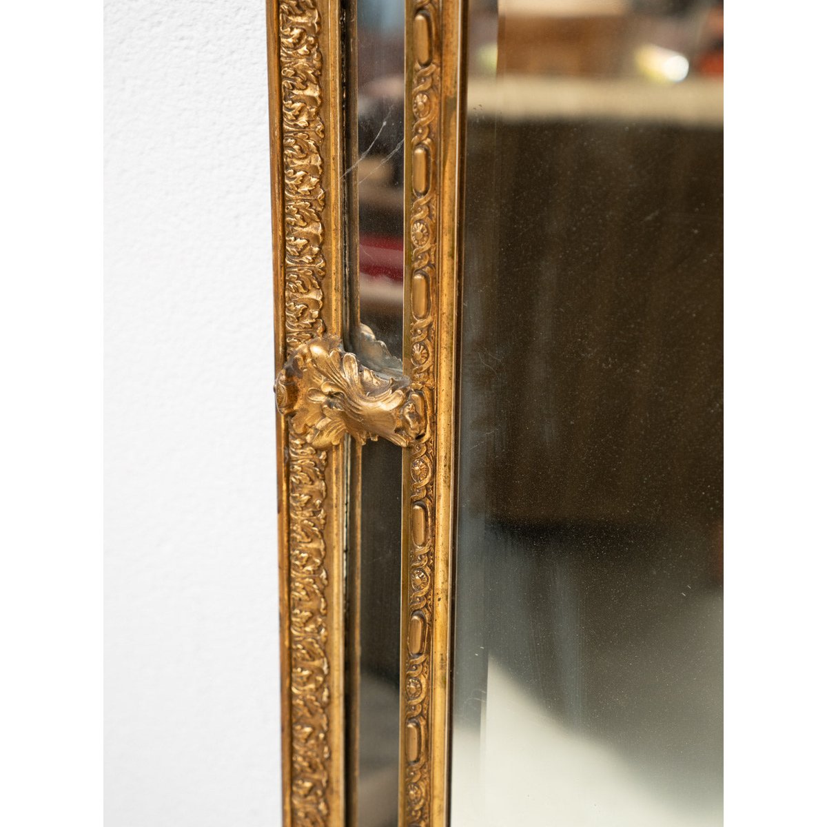 Grand miroir ancien style Louis XVI à parcloses et fronton sculpté Georges N°1384 - Bon état doré, DEBONGOUT